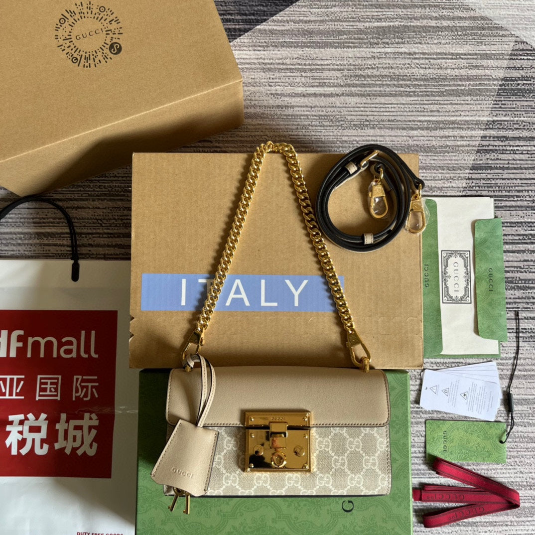 PADLOCK 22 SMALL GG SHOULDER BAG IN BEIGE CALFSKIN AND CANVAS mysite