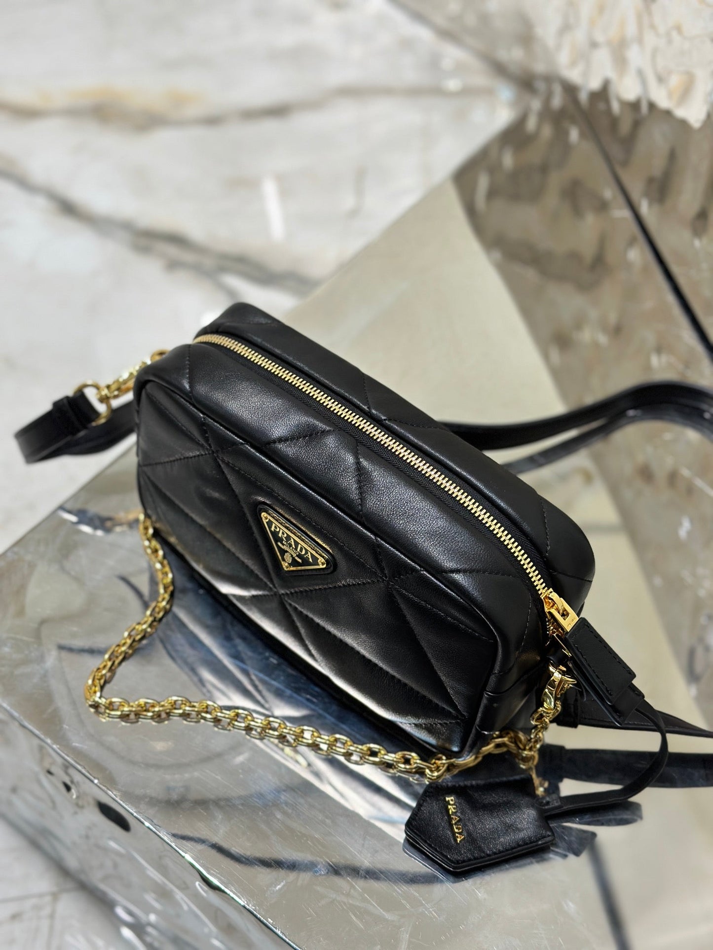 CAMERA BAG 22 IN BLACK TRIANGLE PATTERN QUILTED LAMBSKIN GOLD HARDWARE mysite