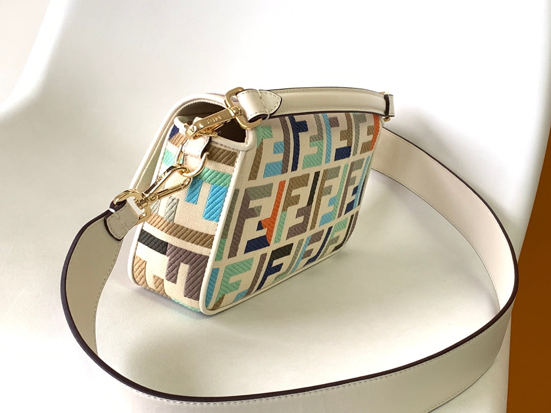 Fend Baguette White and Multicolour Canvas Bag 27 with FF Embroidery Ghw mysite