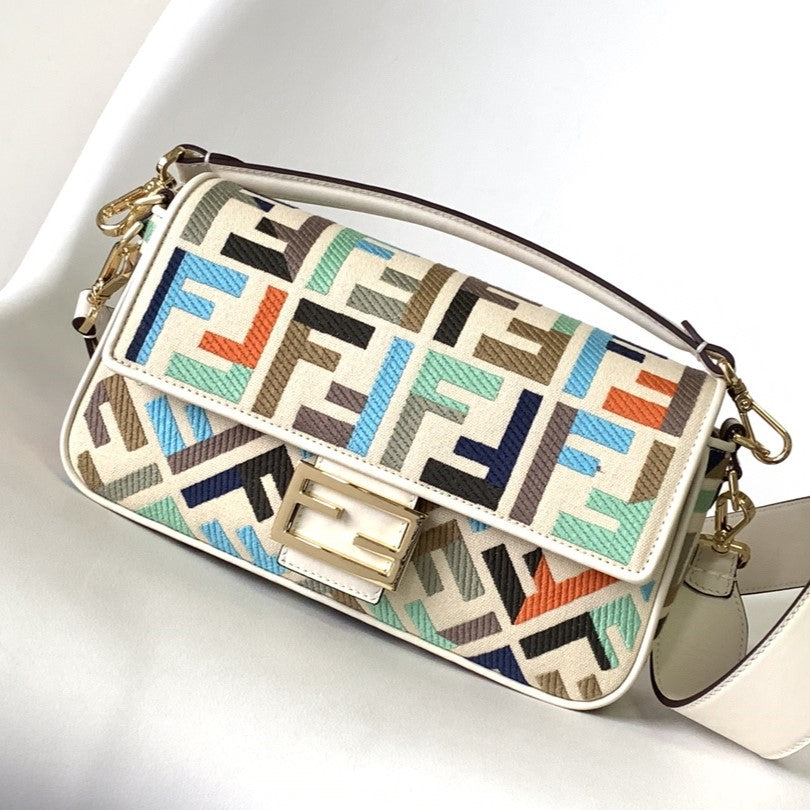 Fend Baguette White and Multicolour Canvas Bag 27 with FF Embroidery Ghw mysite