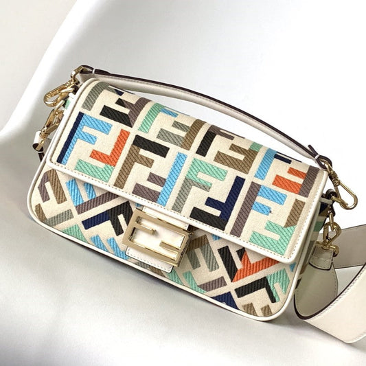 Fend Baguette White and Multicolour Canvas Bag 27 with FF Embroidery Ghw mysite