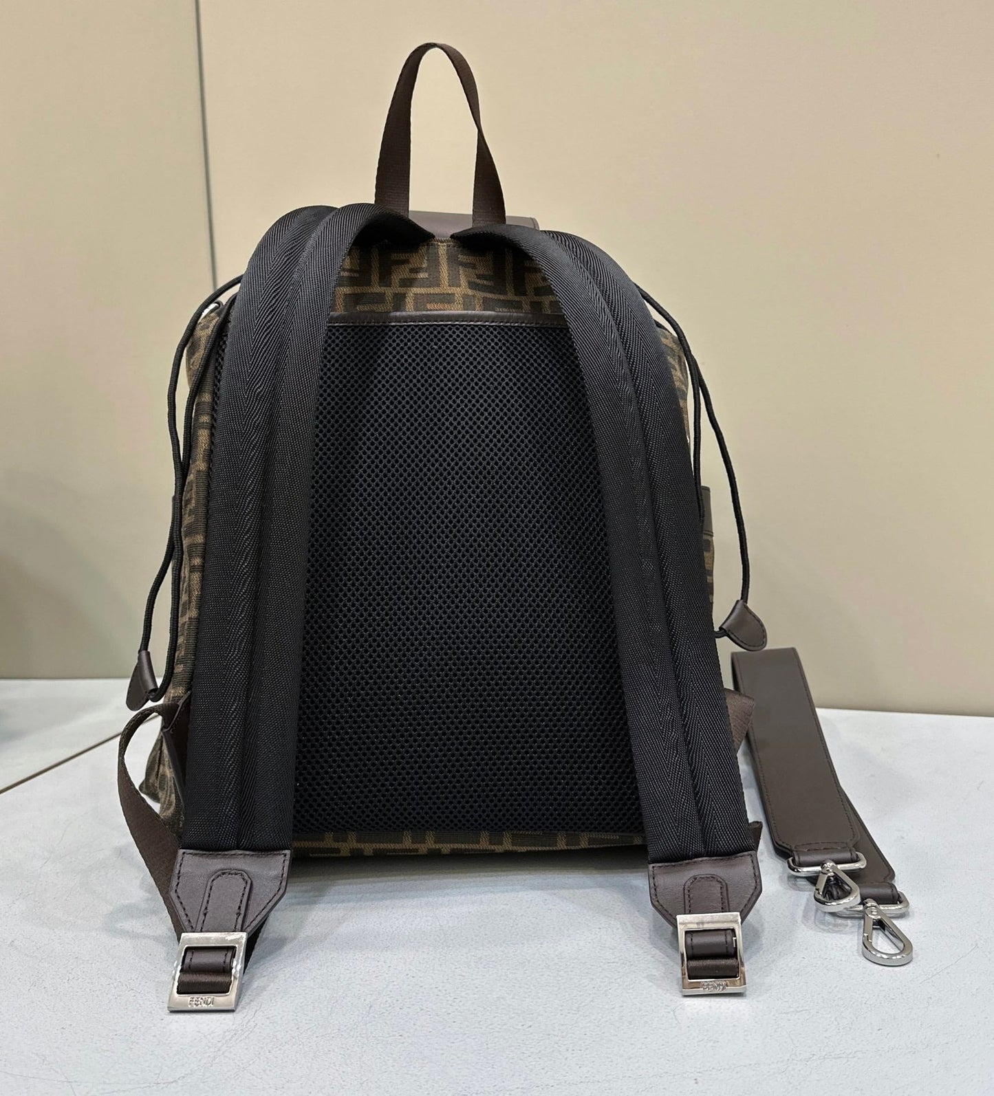 FENDI STRIKE 41 MEDIUM FF MOCHA BROWN JACQUARD FABRIC BACKPACK mysite