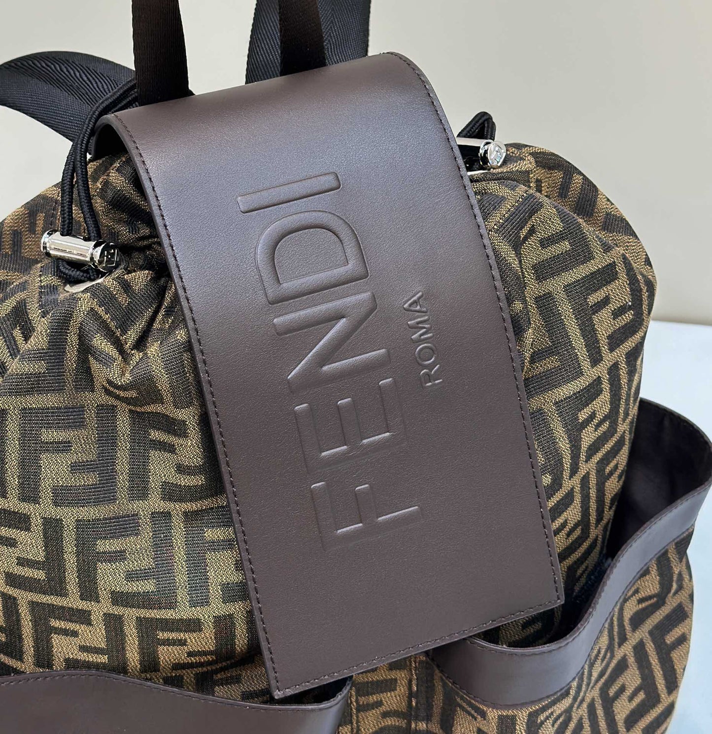 FENDI STRIKE 41 MEDIUM FF MOCHA BROWN JACQUARD FABRIC BACKPACK mysite
