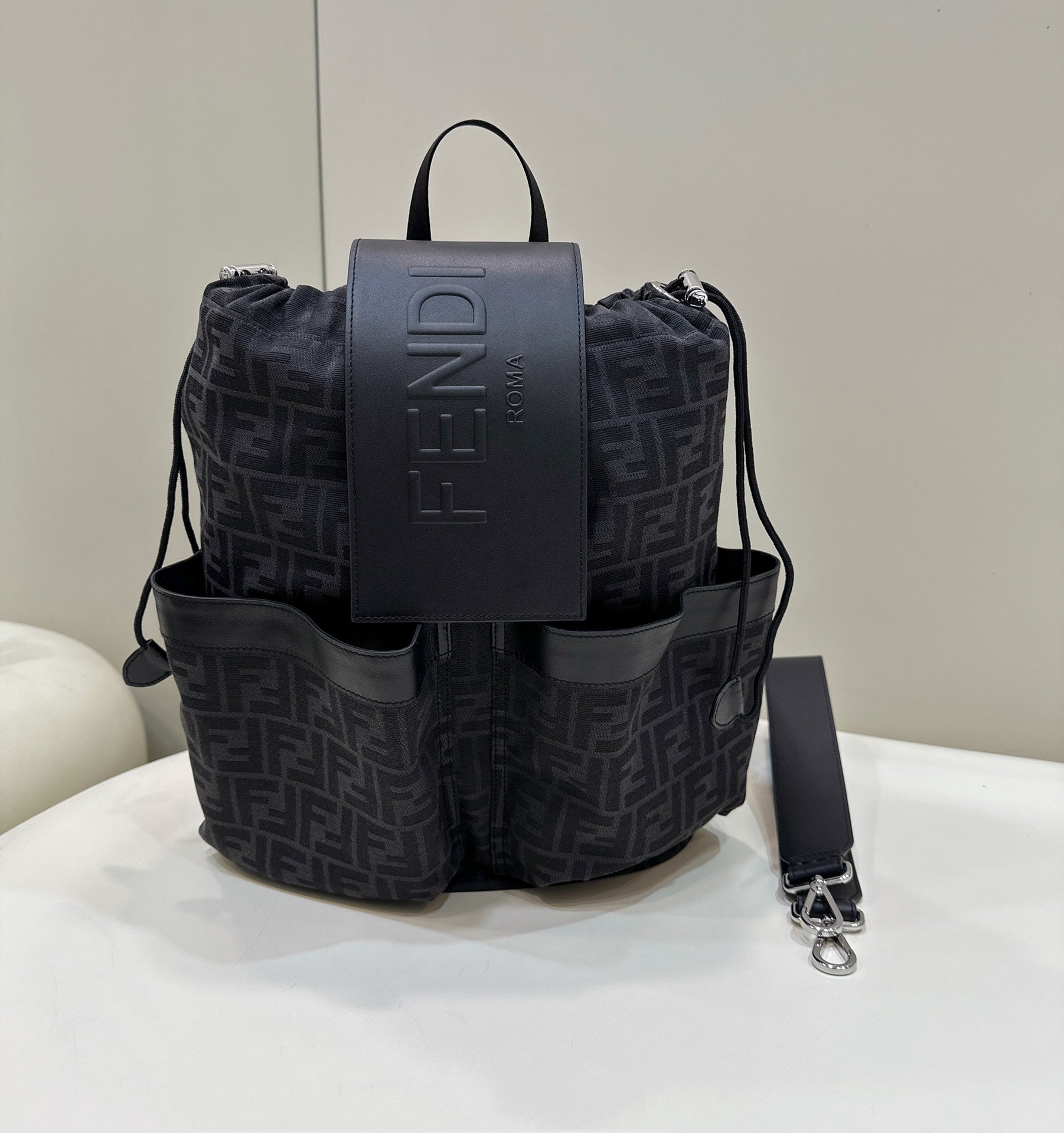 FENDI STRIKE 41 MEDIUM FF BLACK JACQUARD FABRIC BACKPACK mysite