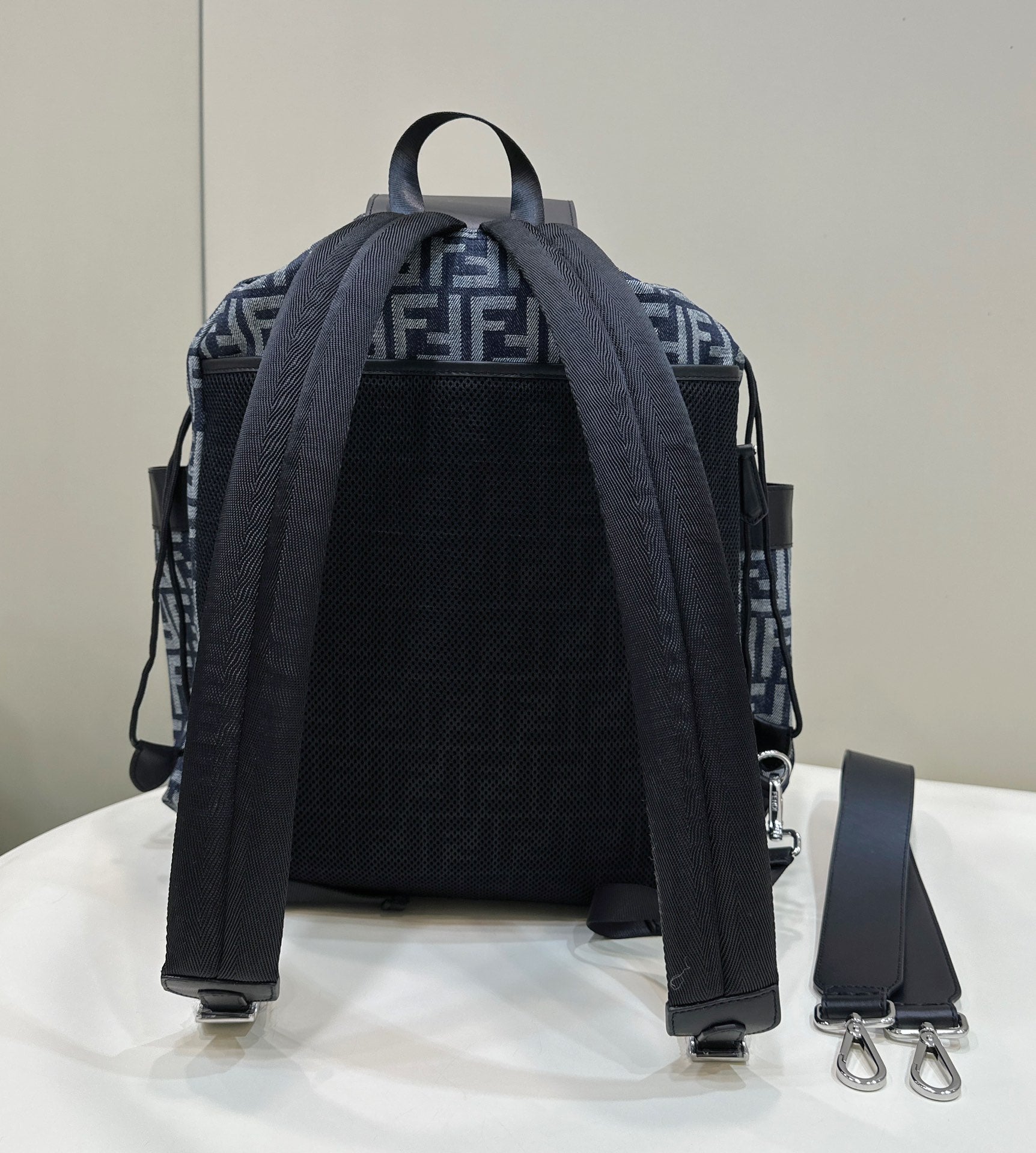 FENDI STRIKE LARGE 46 FF MIDNIGHT BLUE JACQUARD FABRIC BACKPACK mysite