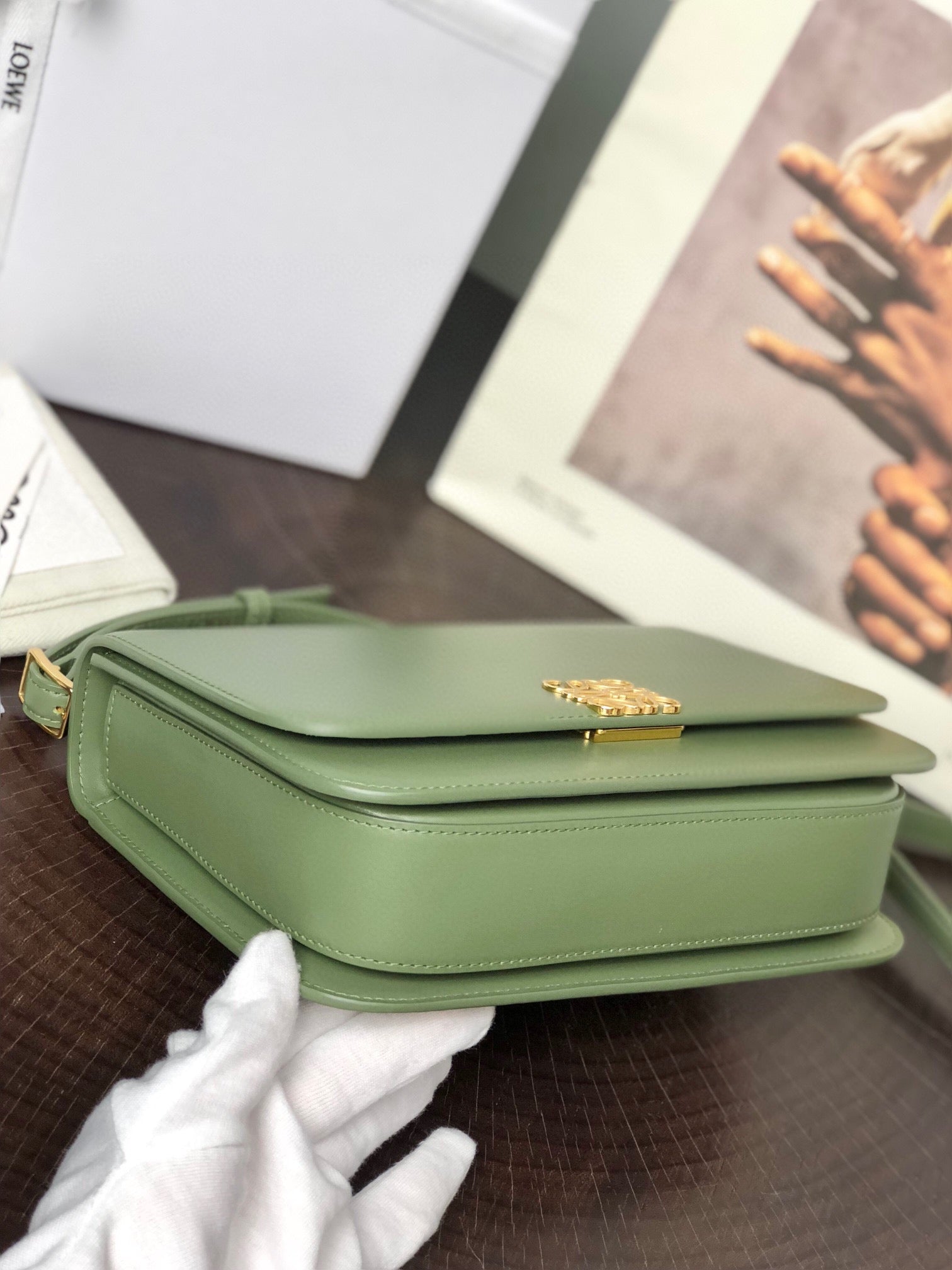 LOE GOYA BAG 23 IN AVOCADO GREEN SILK CALFSKIN mysite