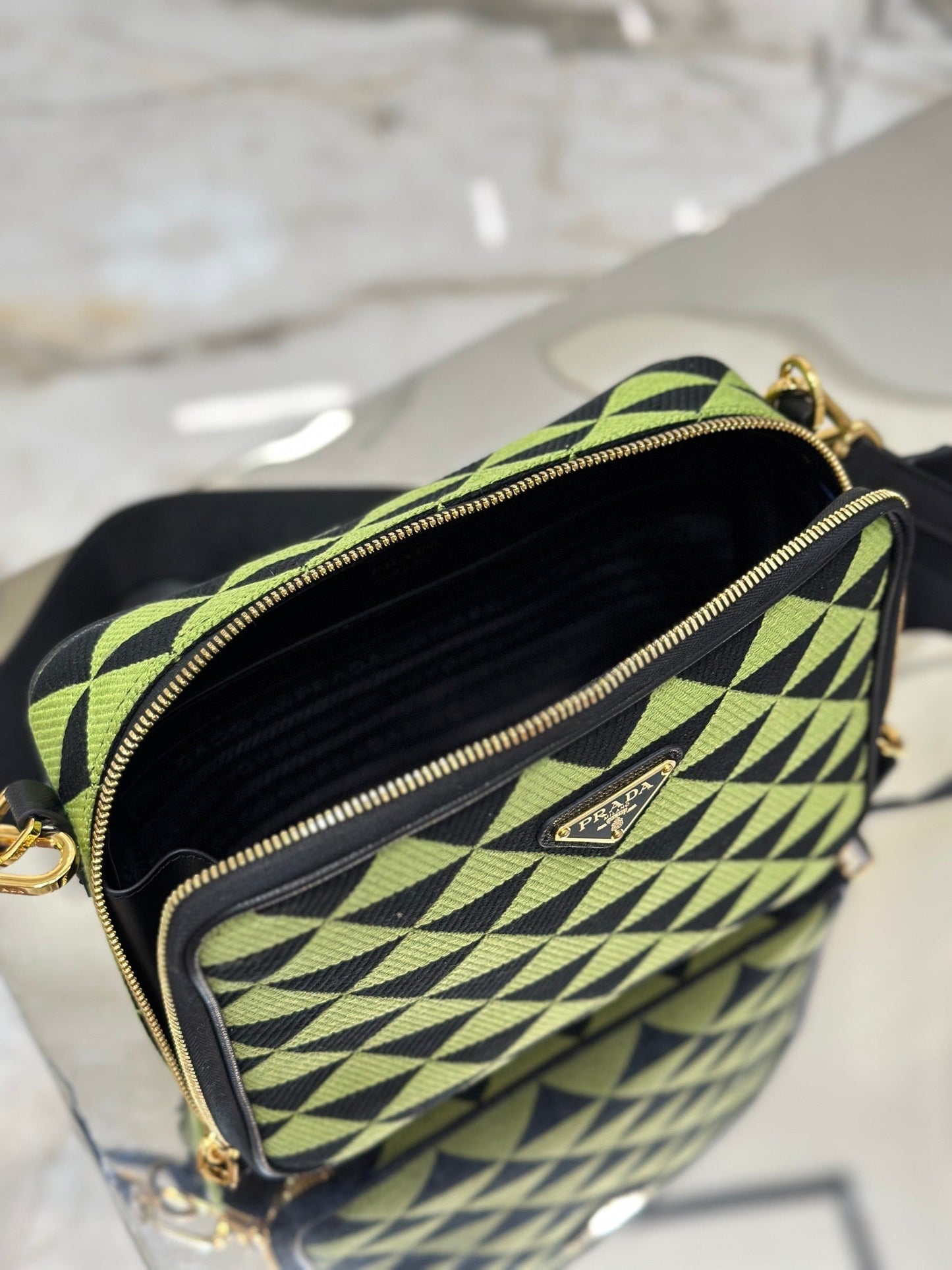 MESSENGER BAG 22 IN OCADO GREEN AND BLACK EMBROIDERED FABRIC GOLD HARDWARE mysite