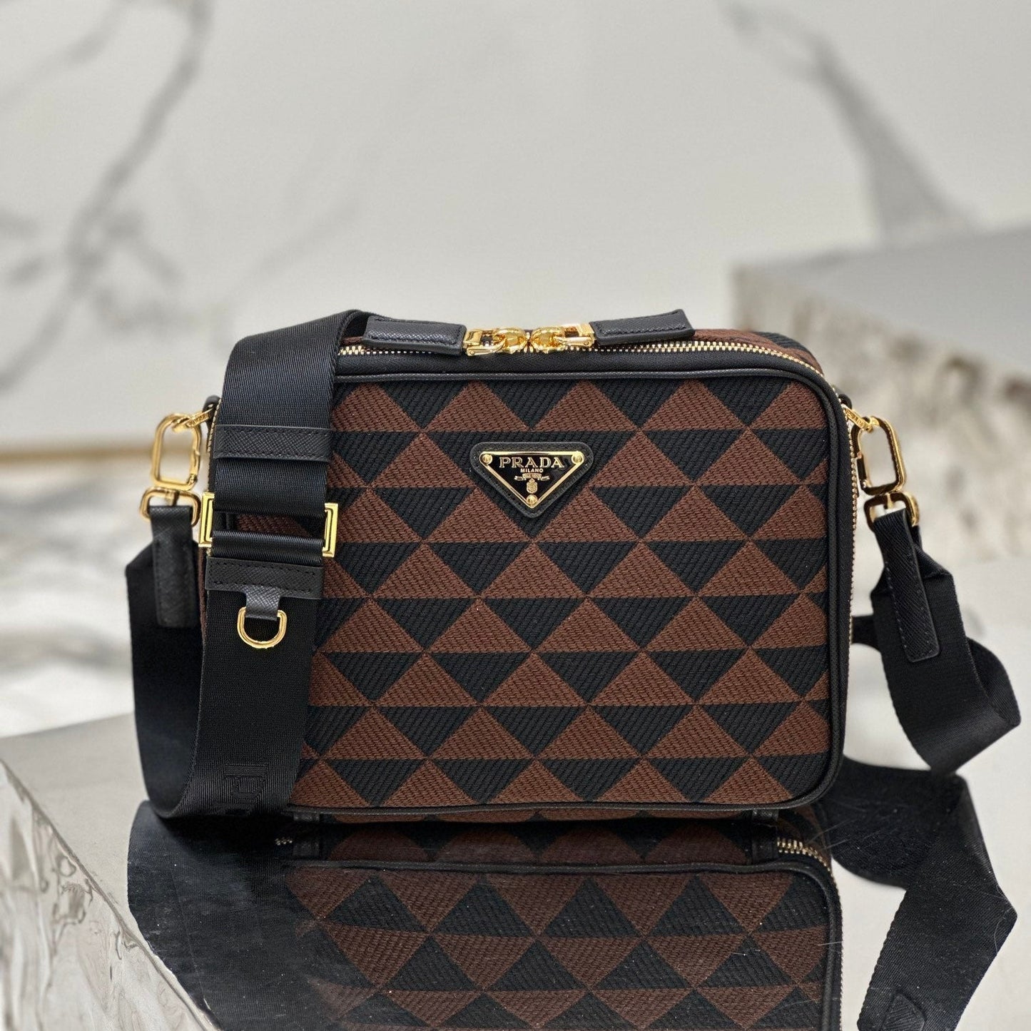 MESSENGER BAG 22 IN BLACK AND BROWN EMBROIDERED FABRIC GOLD HARDWARE mysite