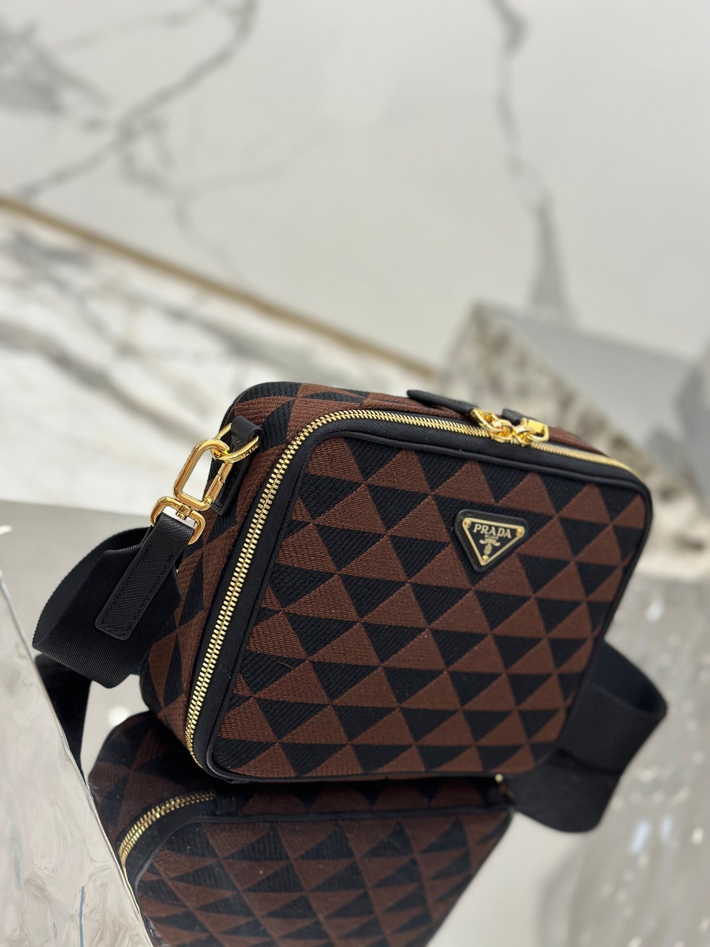 MESSENGER BAG 22 IN BLACK AND BROWN EMBROIDERED FABRIC GOLD HARDWARE mysite