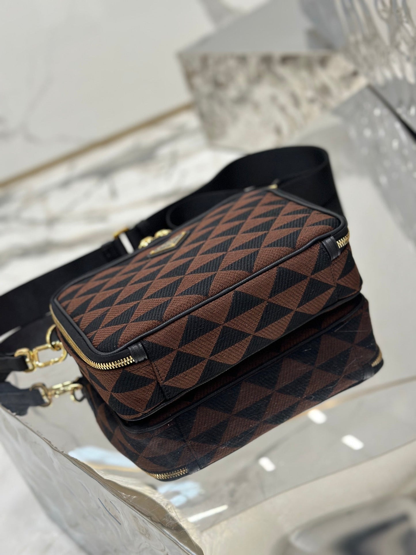 MESSENGER BAG 22 IN BLACK AND BROWN EMBROIDERED FABRIC GOLD HARDWARE mysite