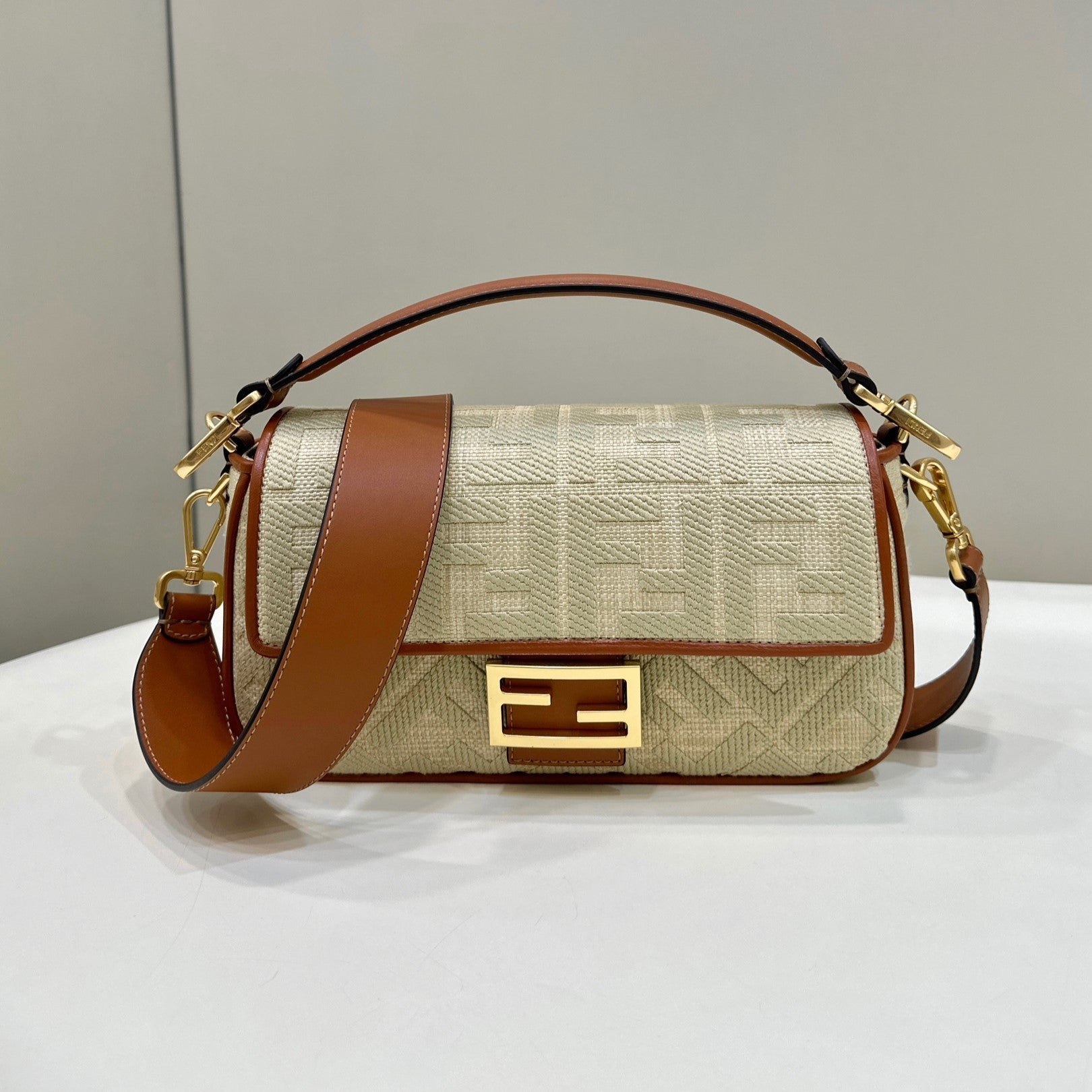 Fend Baguette Tan Beige Canvas Bag 27 with FF Embroidery Ghw mysite