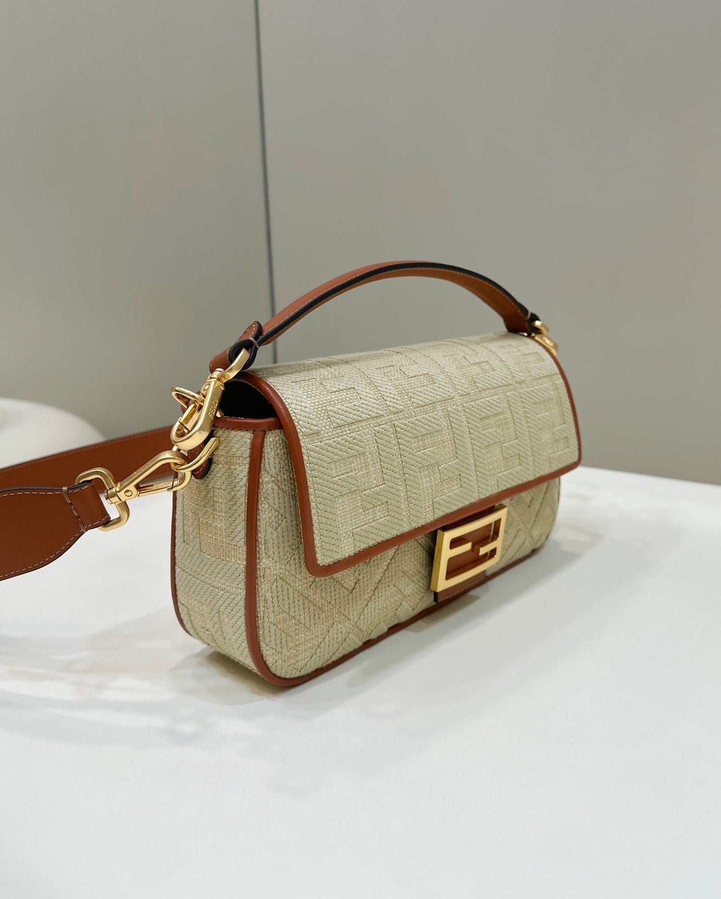 Fend Baguette Tan Beige Canvas Bag 27 with FF Embroidery Ghw mysite
