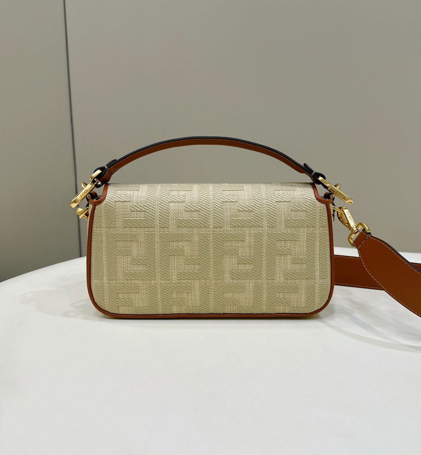 Fend Baguette Tan Beige Canvas Bag 27 with FF Embroidery Ghw mysite