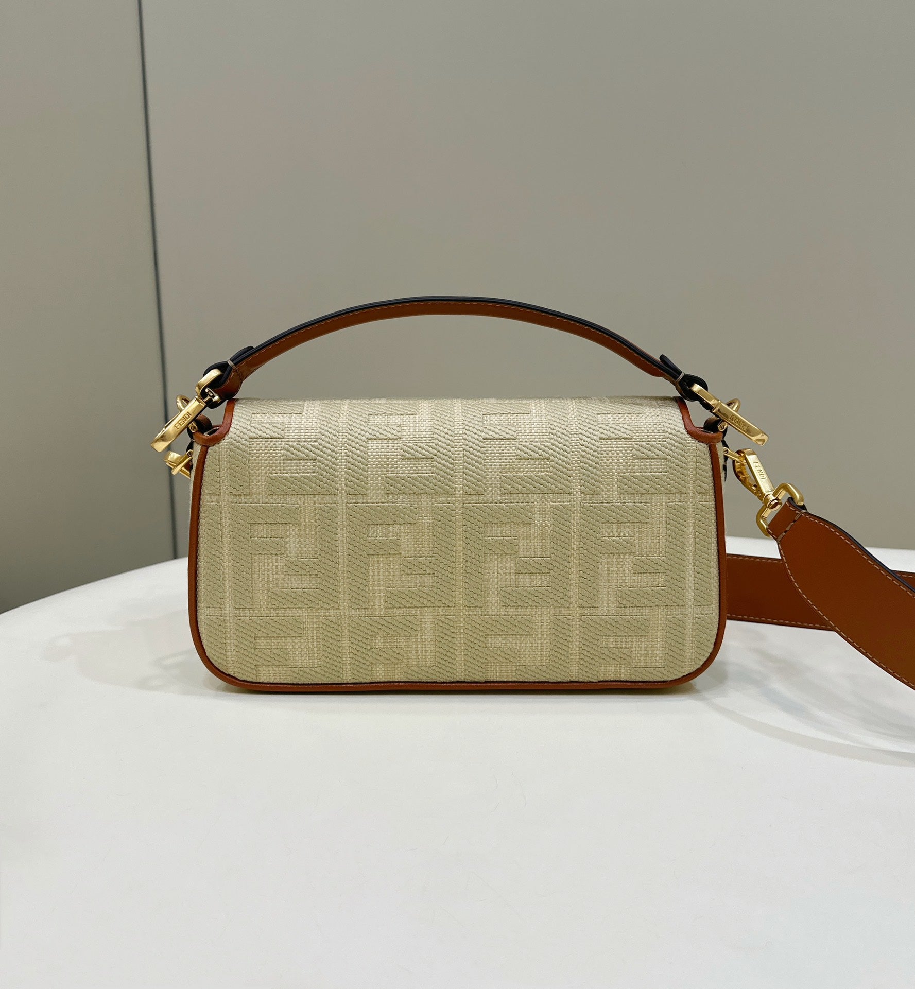 Fend Baguette Tan Beige Canvas Bag 27 with FF Embroidery Ghw mysite