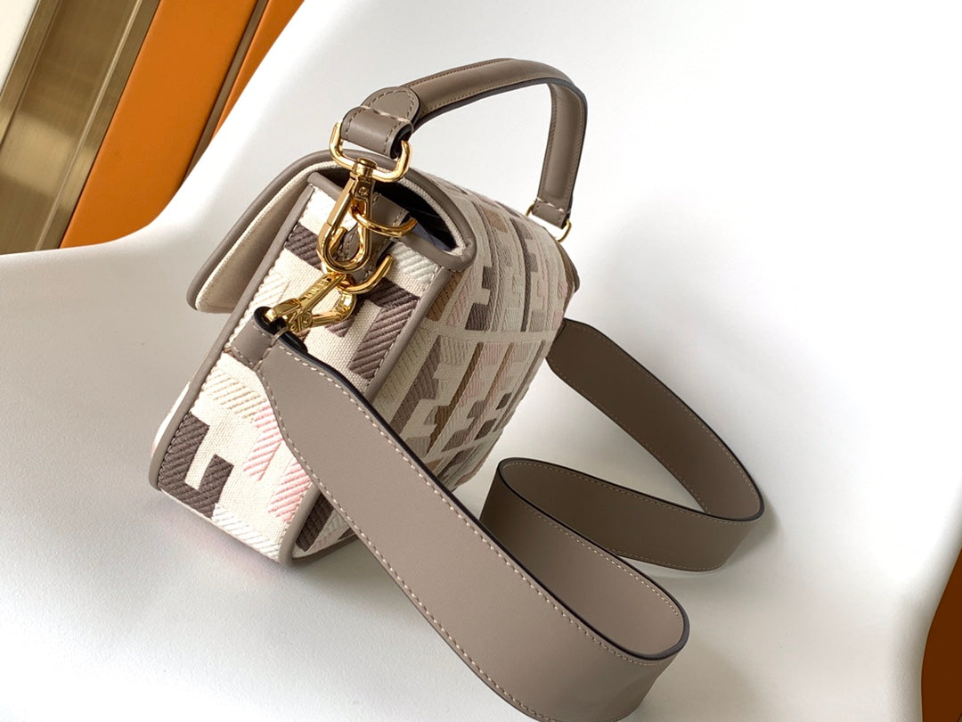 Fend Baguette White Brown and Multicolour Canvas Bag 27 with FF Embroidery Ghw mysite