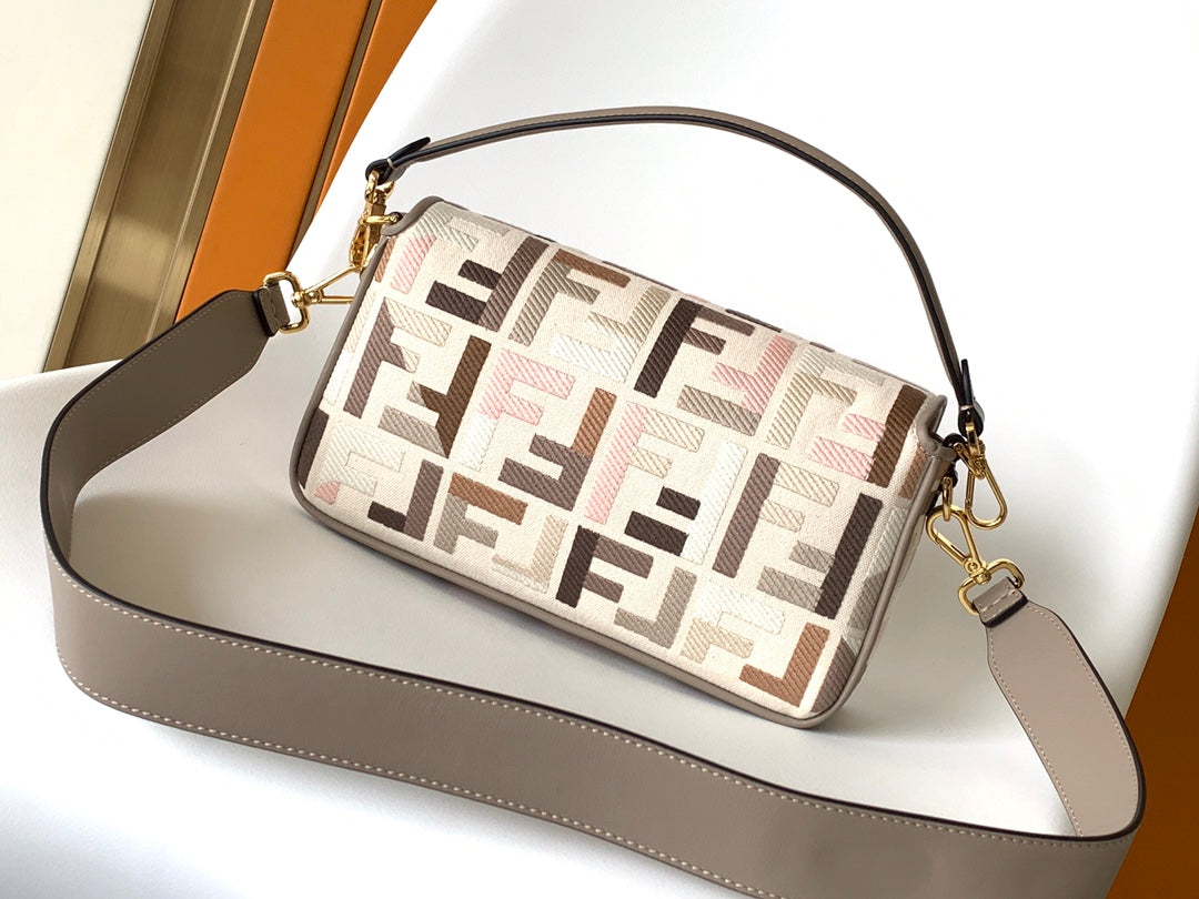 Fend Baguette White Brown and Multicolour Canvas Bag 27 with FF Embroidery Ghw mysite