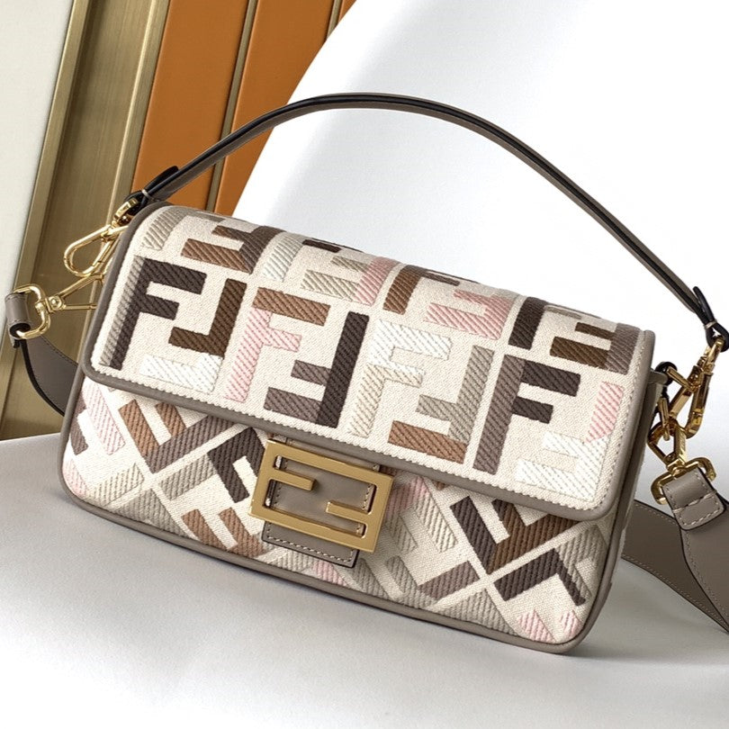 Fend Baguette White Brown and Multicolour Canvas Bag 27 with FF Embroidery Ghw mysite