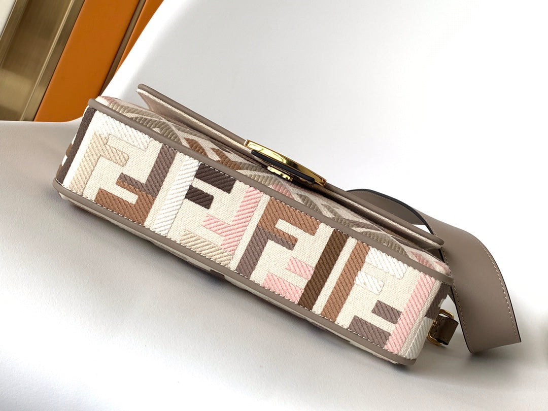 Fend Baguette White Brown and Multicolour Canvas Bag 27 with FF Embroidery Ghw mysite