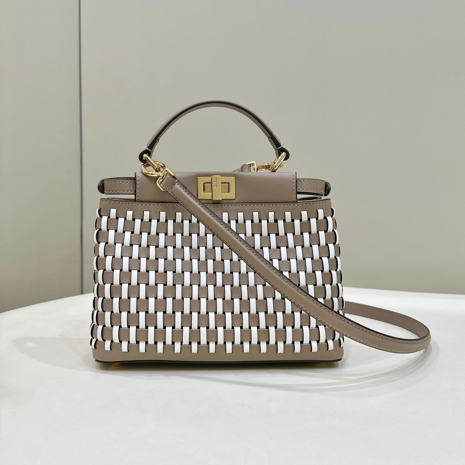PEEKABOO 24 IN WHITE MIX BROWN INTERLACED CALFSKIN GOLD HARDWARE mysite