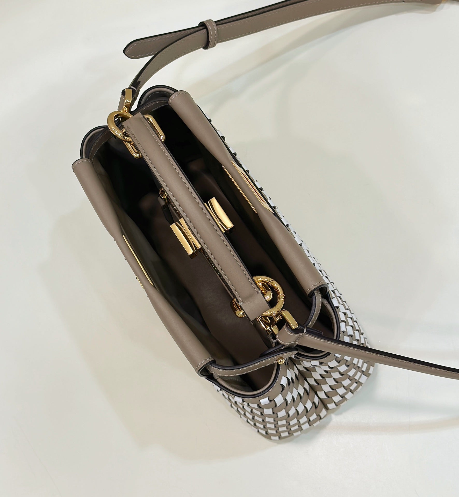 PEEKABOO 24 IN WHITE MIX BROWN INTERLACED CALFSKIN GOLD HARDWARE mysite