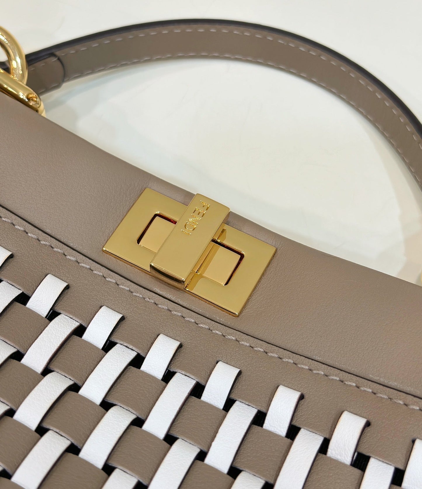 PEEKABOO 24 IN WHITE MIX BROWN INTERLACED CALFSKIN GOLD HARDWARE mysite
