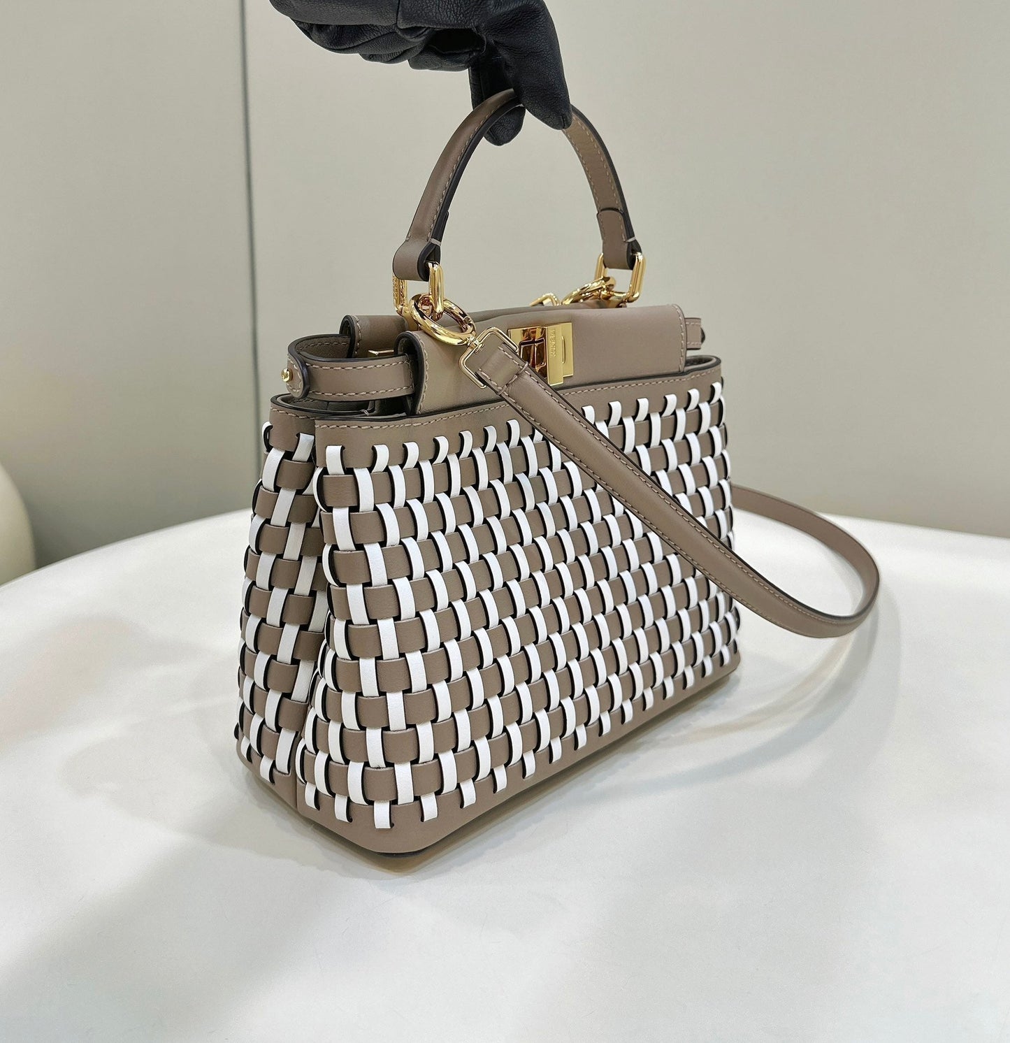 PEEKABOO 24 IN WHITE MIX BROWN INTERLACED CALFSKIN GOLD HARDWARE mysite