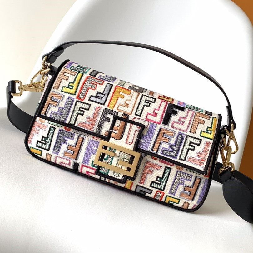 Fend Baguette Black and Multicolour Canvas Bag 27 with FF Embroidery Ghw mysite