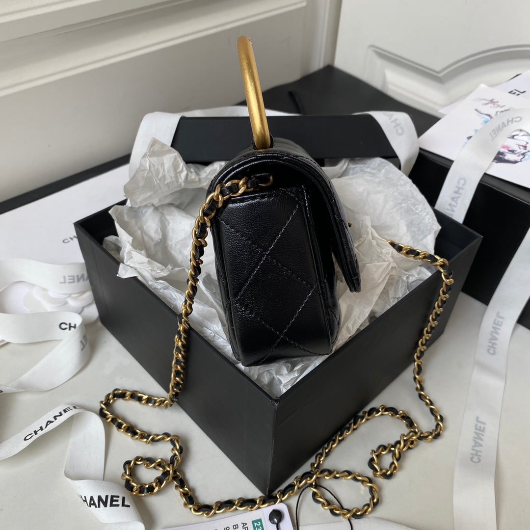 MINI FLAP BAG 13 IN BLACK LAMBSKIN WITH GOLD HANDLE mysite