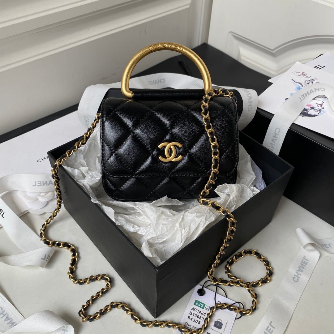 MINI FLAP BAG 13 IN BLACK LAMBSKIN WITH GOLD HANDLE mysite