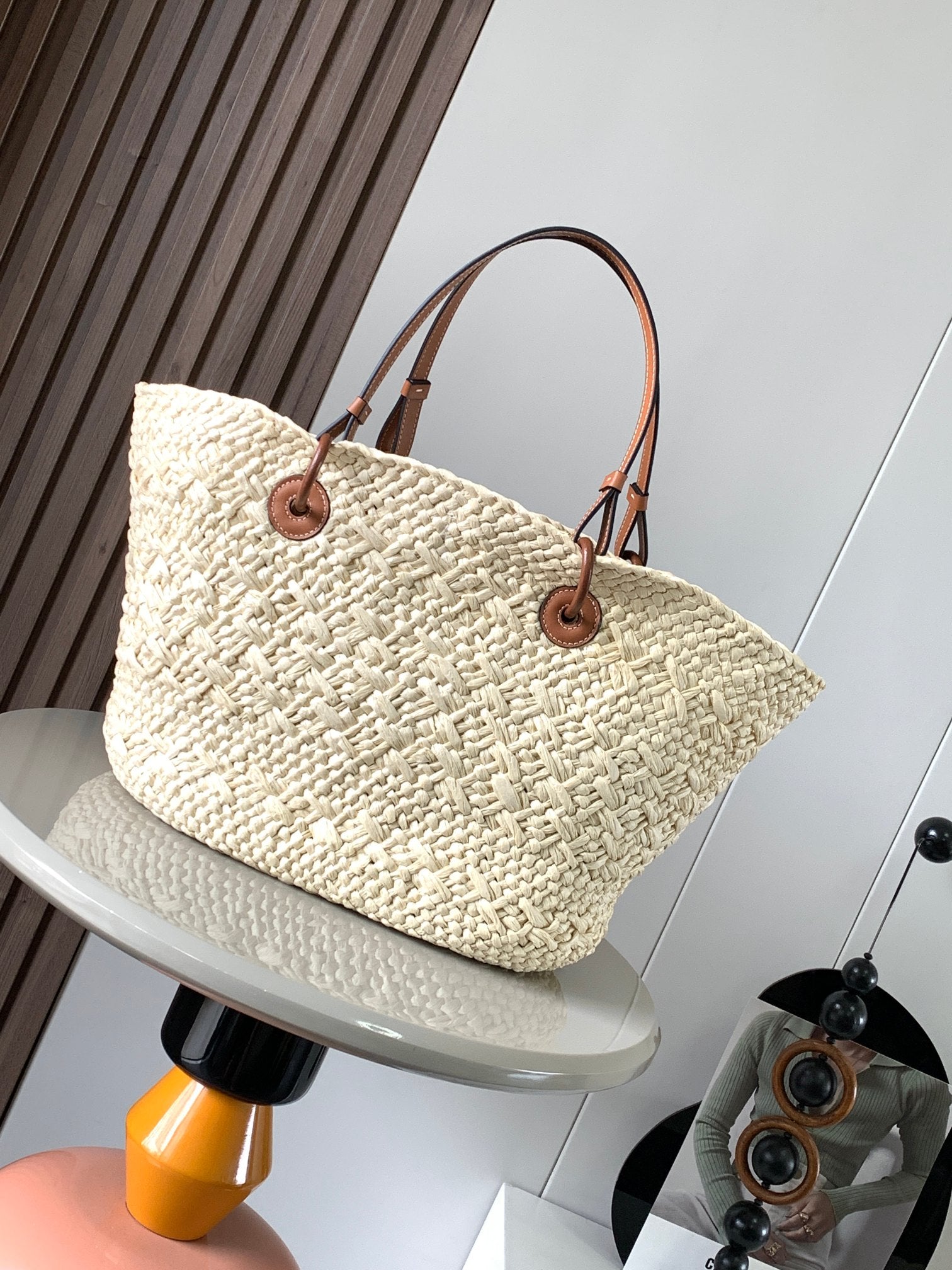 Medium anagram basket bag in iraca palm and calfskin mysite