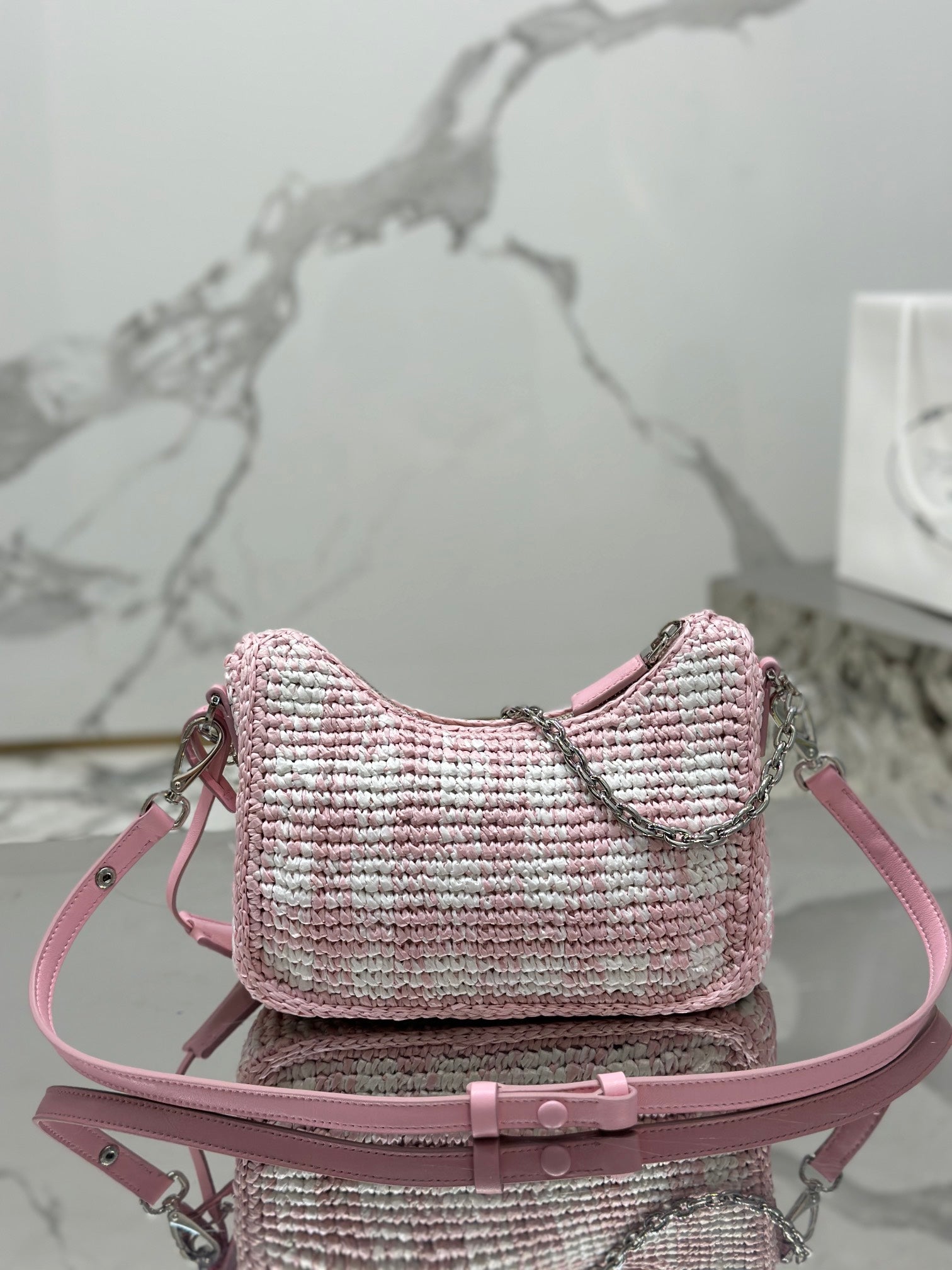 CROCHET HOBO BAG 22 IN PINK MIX WHITE RAFFIA SILVER HARDWARE mysite