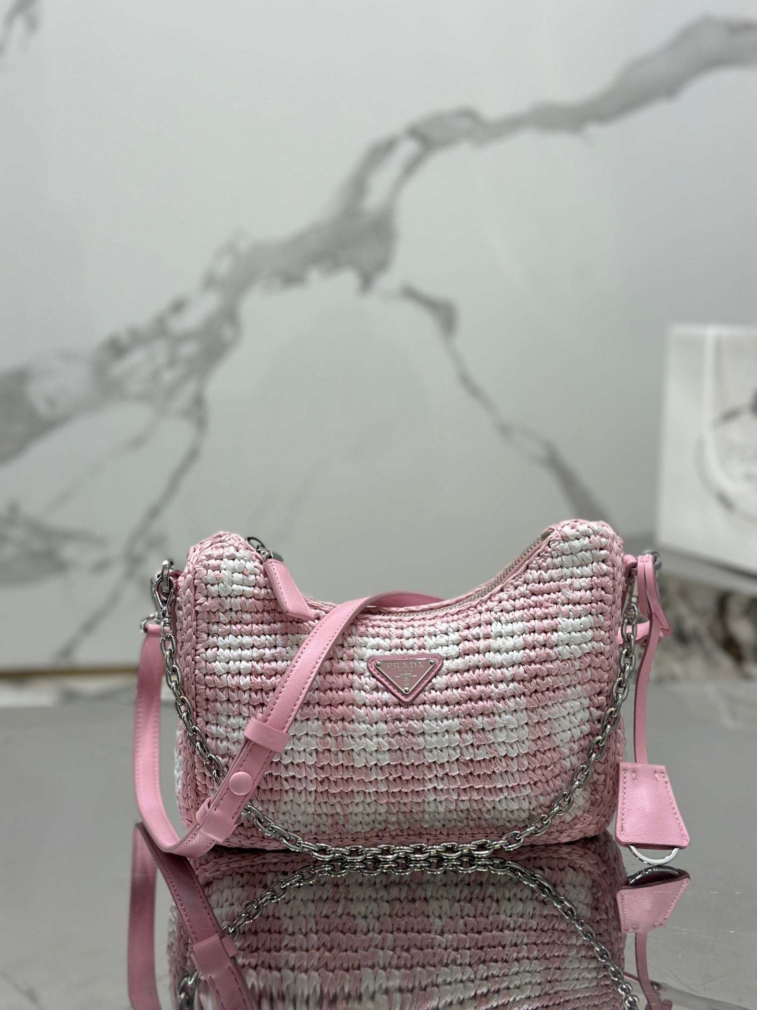 CROCHET HOBO BAG 22 IN PINK MIX WHITE RAFFIA SILVER HARDWARE mysite