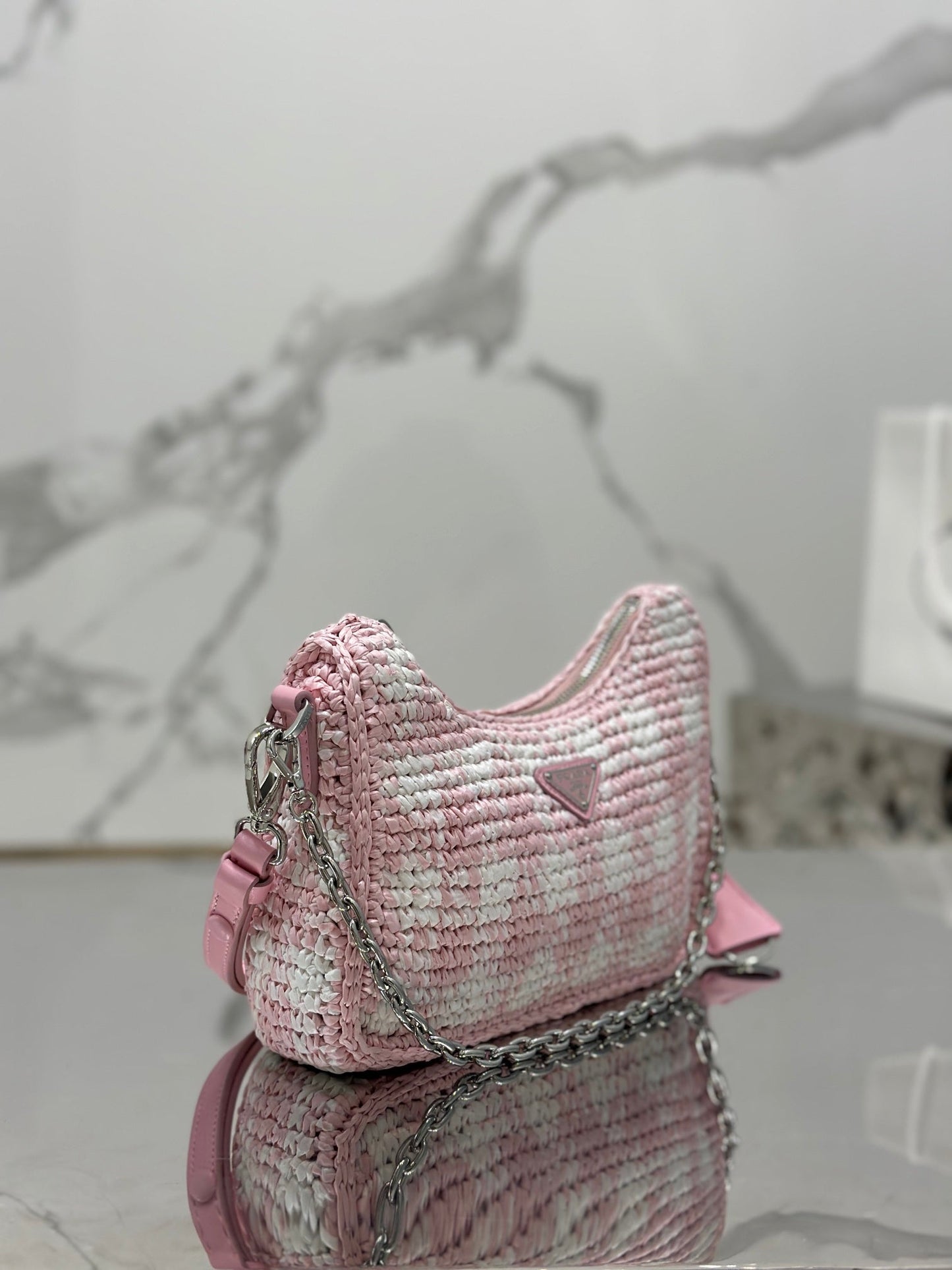 CROCHET HOBO BAG 22 IN PINK MIX WHITE RAFFIA SILVER HARDWARE mysite