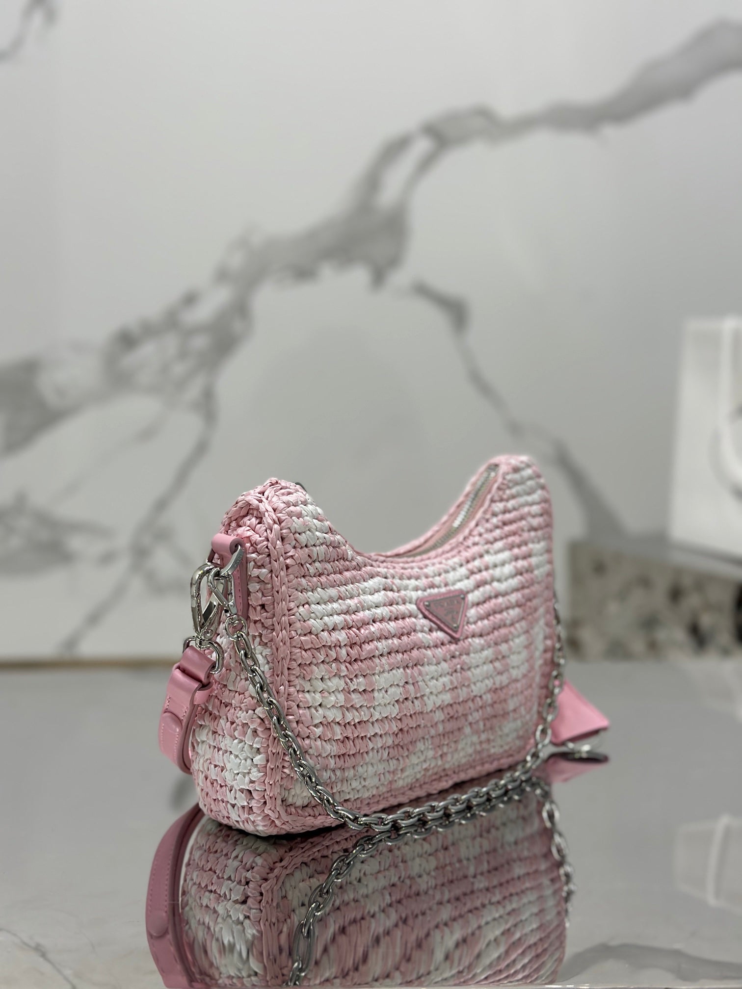 CROCHET HOBO BAG 22 IN PINK MIX WHITE RAFFIA SILVER HARDWARE mysite