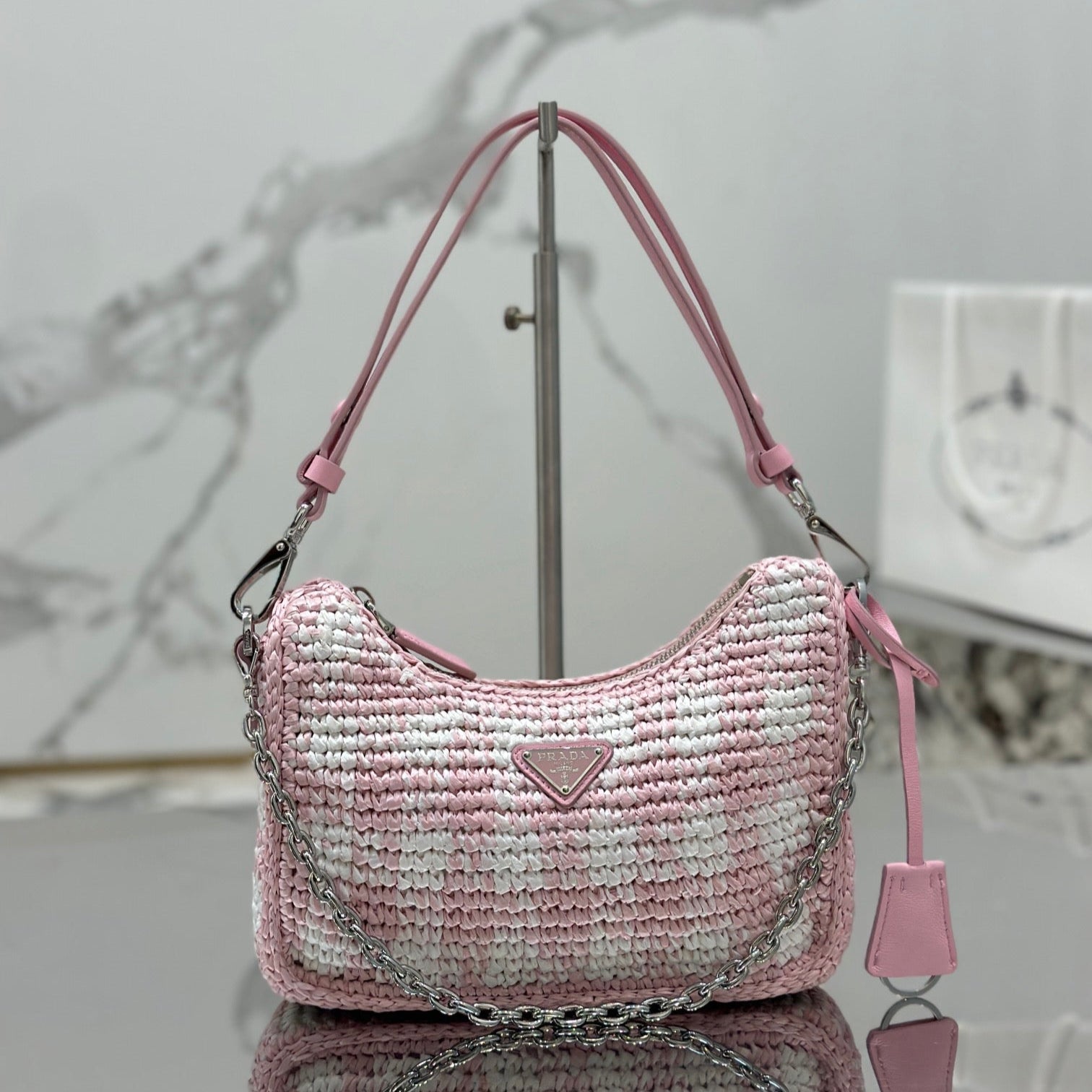 CROCHET HOBO BAG 22 IN PINK MIX WHITE RAFFIA SILVER HARDWARE mysite