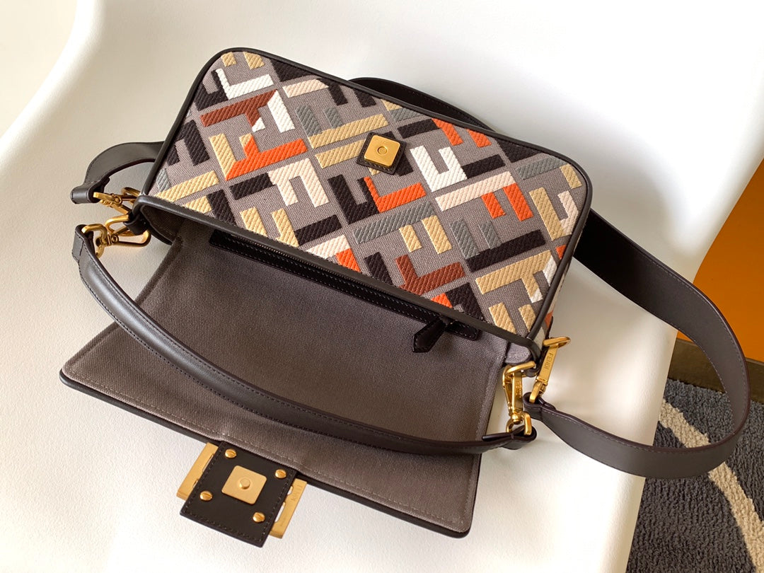 Fend Baguette Brown and Multicolour Canvas Bag 27 with FF Embroidery Ghw mysite