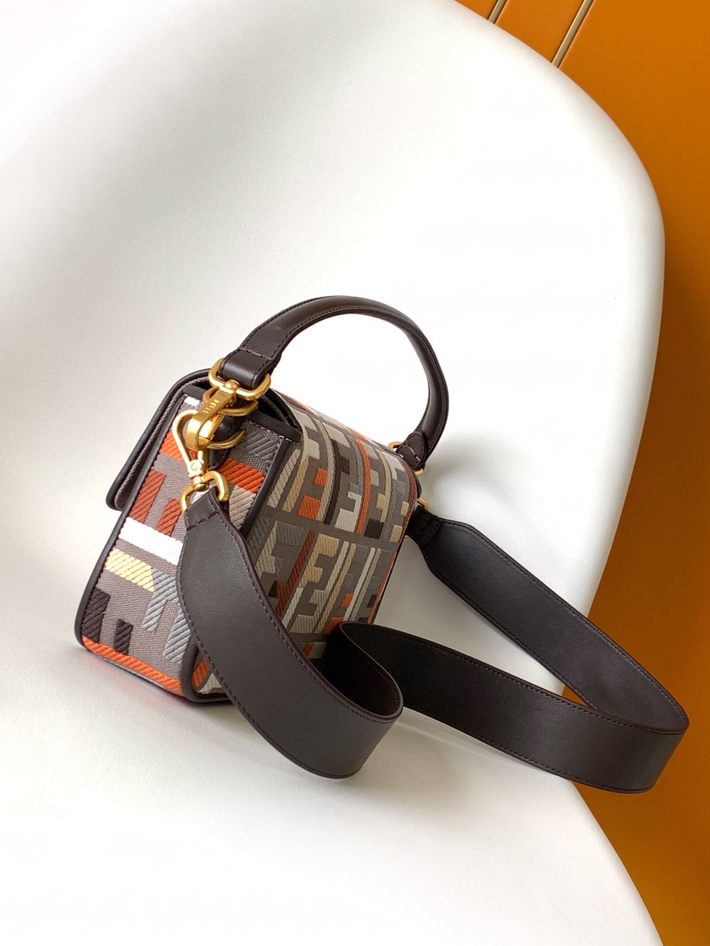 Fend Baguette Brown and Multicolour Canvas Bag 27 with FF Embroidery Ghw mysite