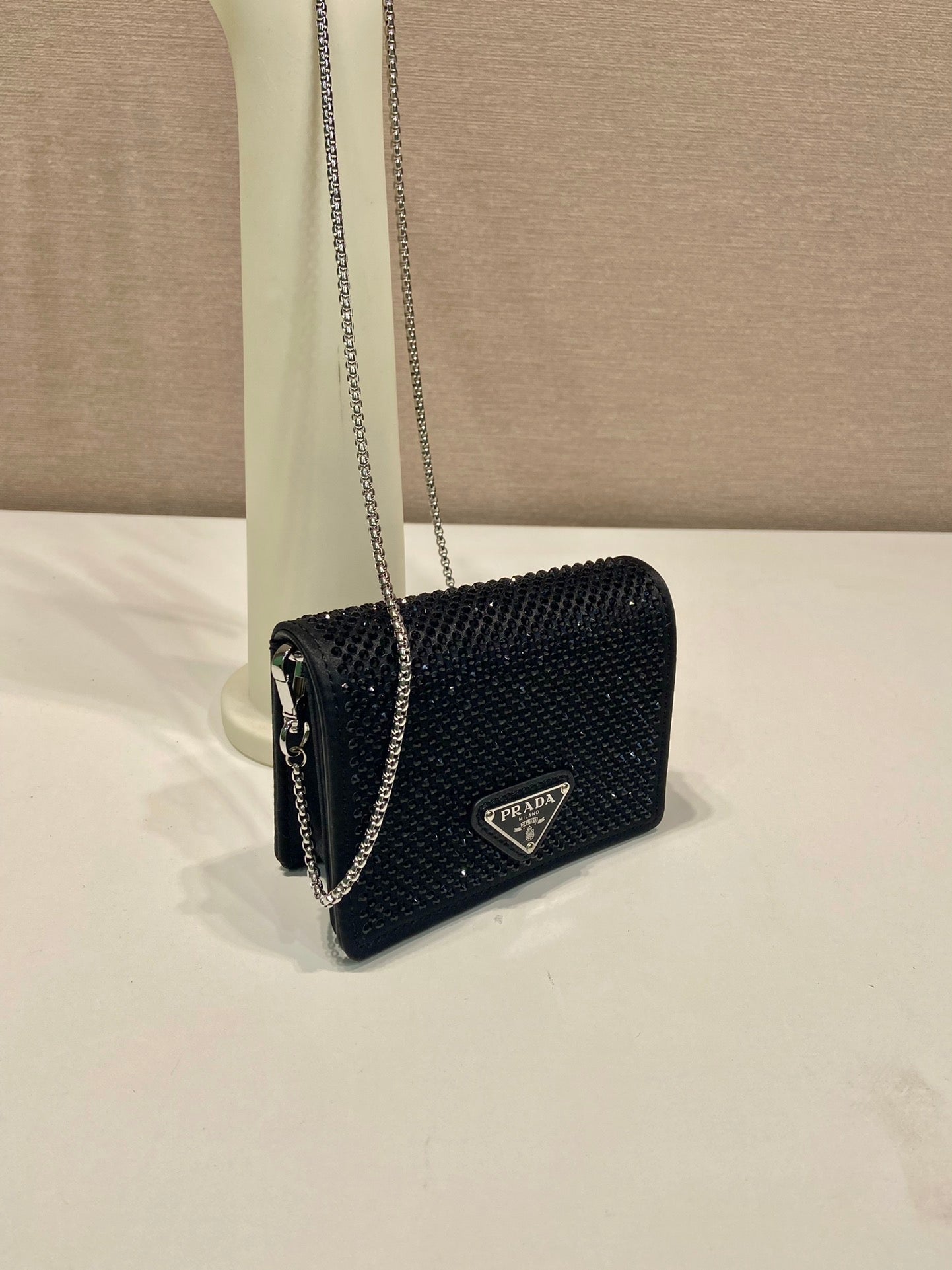 MINI FLAP BAG 11 IN BLACK DUCHESSE FABRIC ATTACHED FULL CRYSTALS SILVER CHAIN mysite
