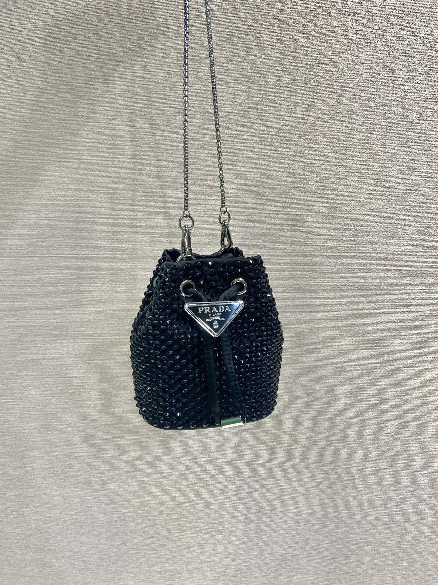MINI BUCKET BAG 12 IN BLACK NYLON FABRIC EMBELLISHED FULL CRYSTALS mysite