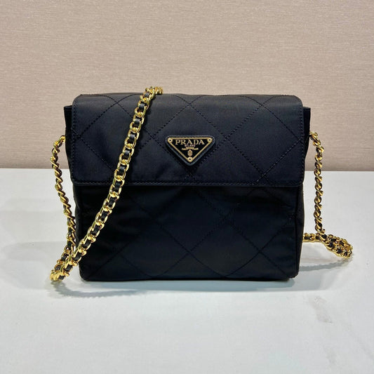 LARGE QUILTED FLAP BAG 23 IN BLACK RE-NYLON FABRIC GOLD CHAIN mysite
