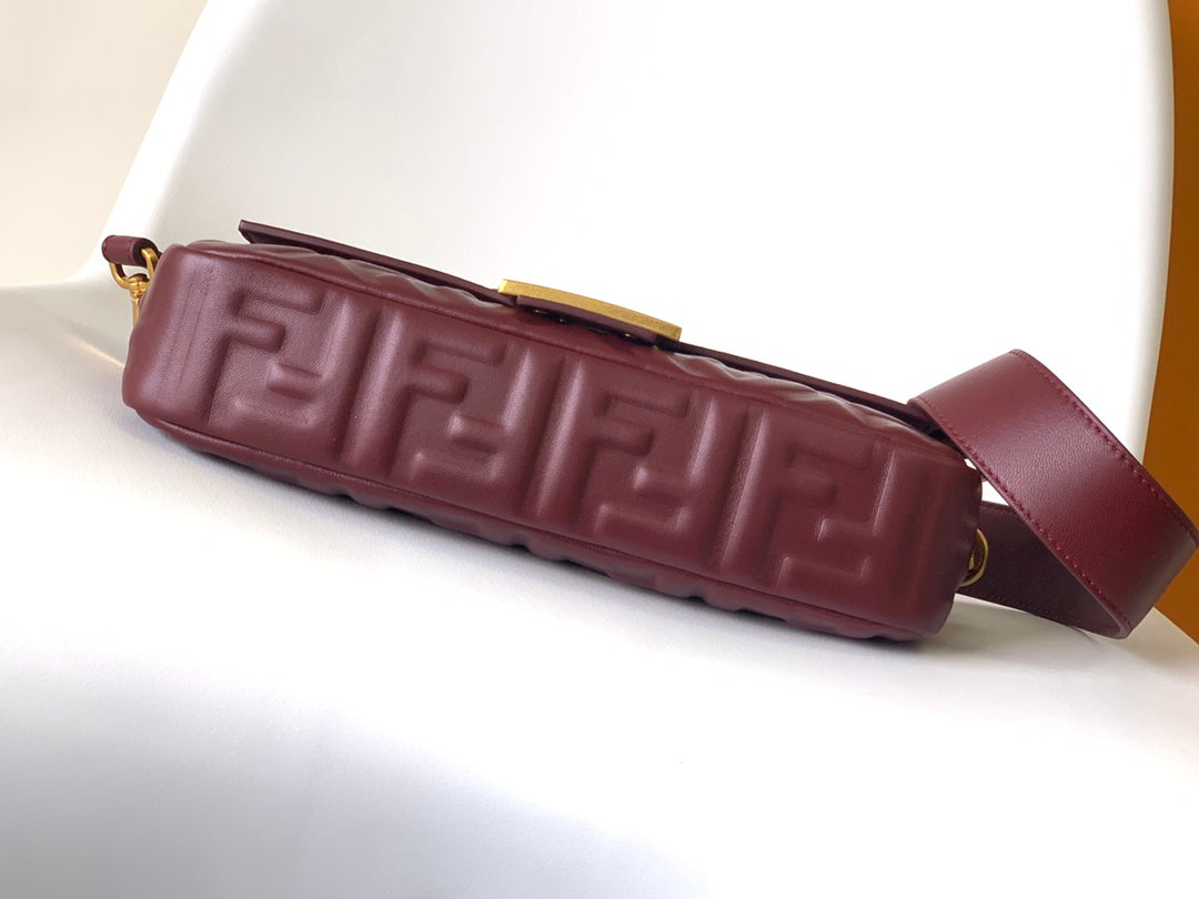 Fend Baguette 27 Bag With FF Motif Burgundy Leather Ghw mysite