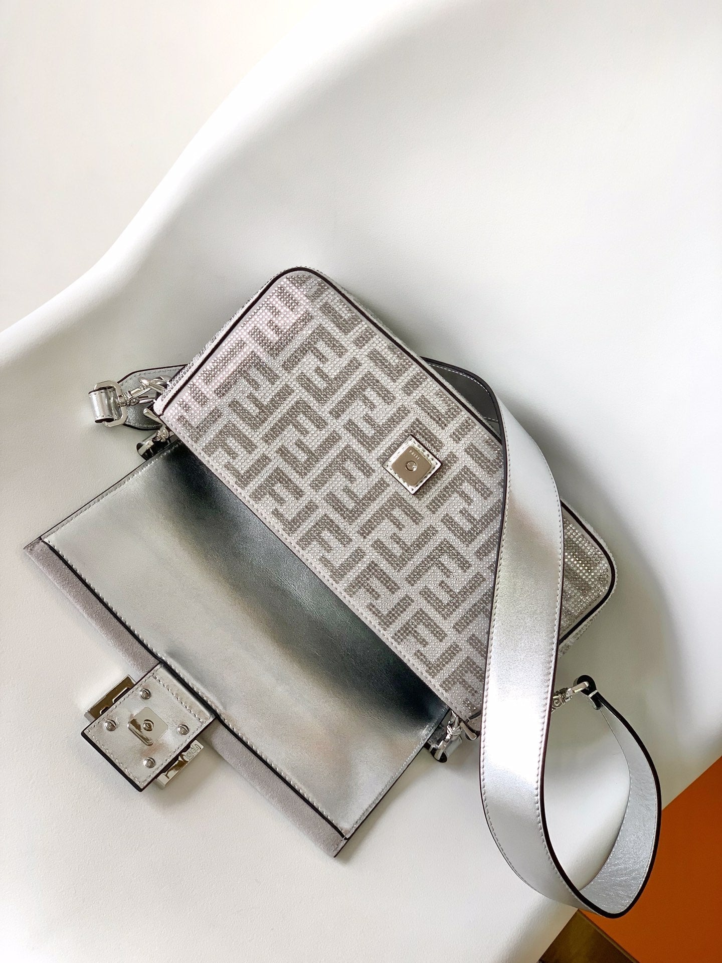 Fend Baguette 27 Bag Silver Leather with Crystal FF Motif Shw mysite