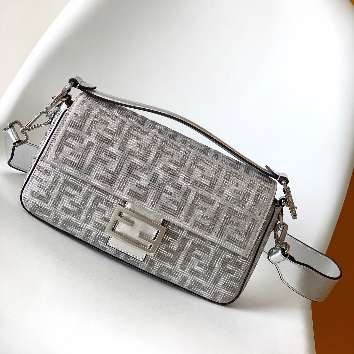 Fend Baguette 27 Bag Silver Leather with Crystal FF Motif Shw mysite
