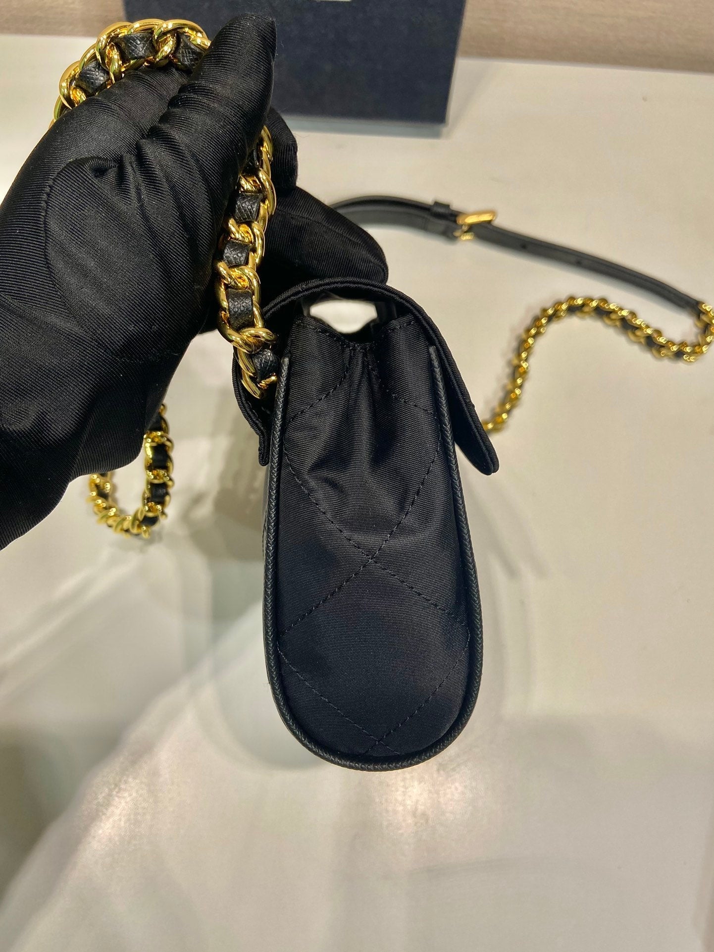 MINI QUILTED FLAP BAG 14 IN BLACK RE-NYLON FABRIC GOLD CHAIN mysite