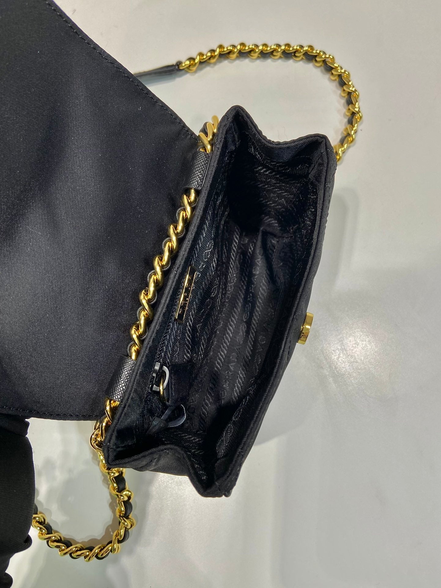 MINI QUILTED FLAP BAG 14 IN BLACK RE-NYLON FABRIC GOLD CHAIN mysite