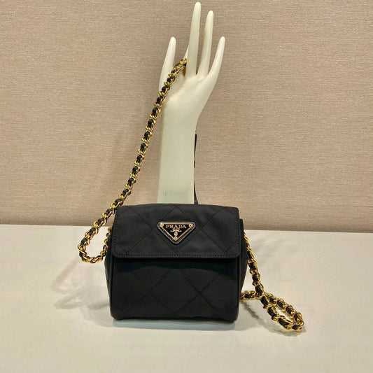 MINI QUILTED FLAP BAG 14 IN BLACK RE-NYLON FABRIC GOLD CHAIN mysite