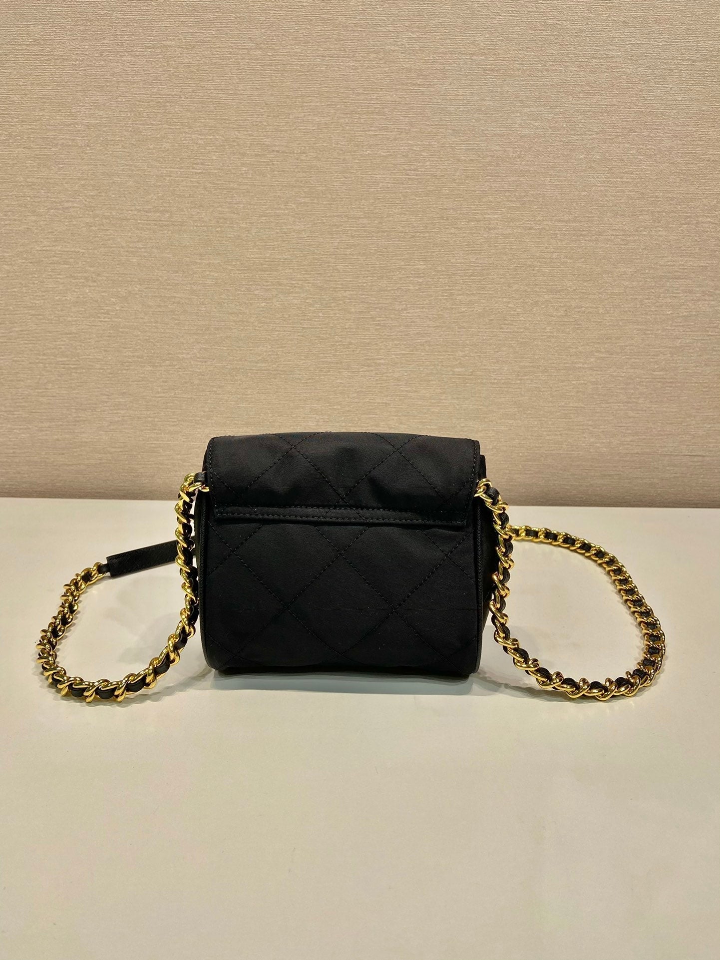 MINI QUILTED FLAP BAG 14 IN BLACK RE-NYLON FABRIC GOLD CHAIN mysite
