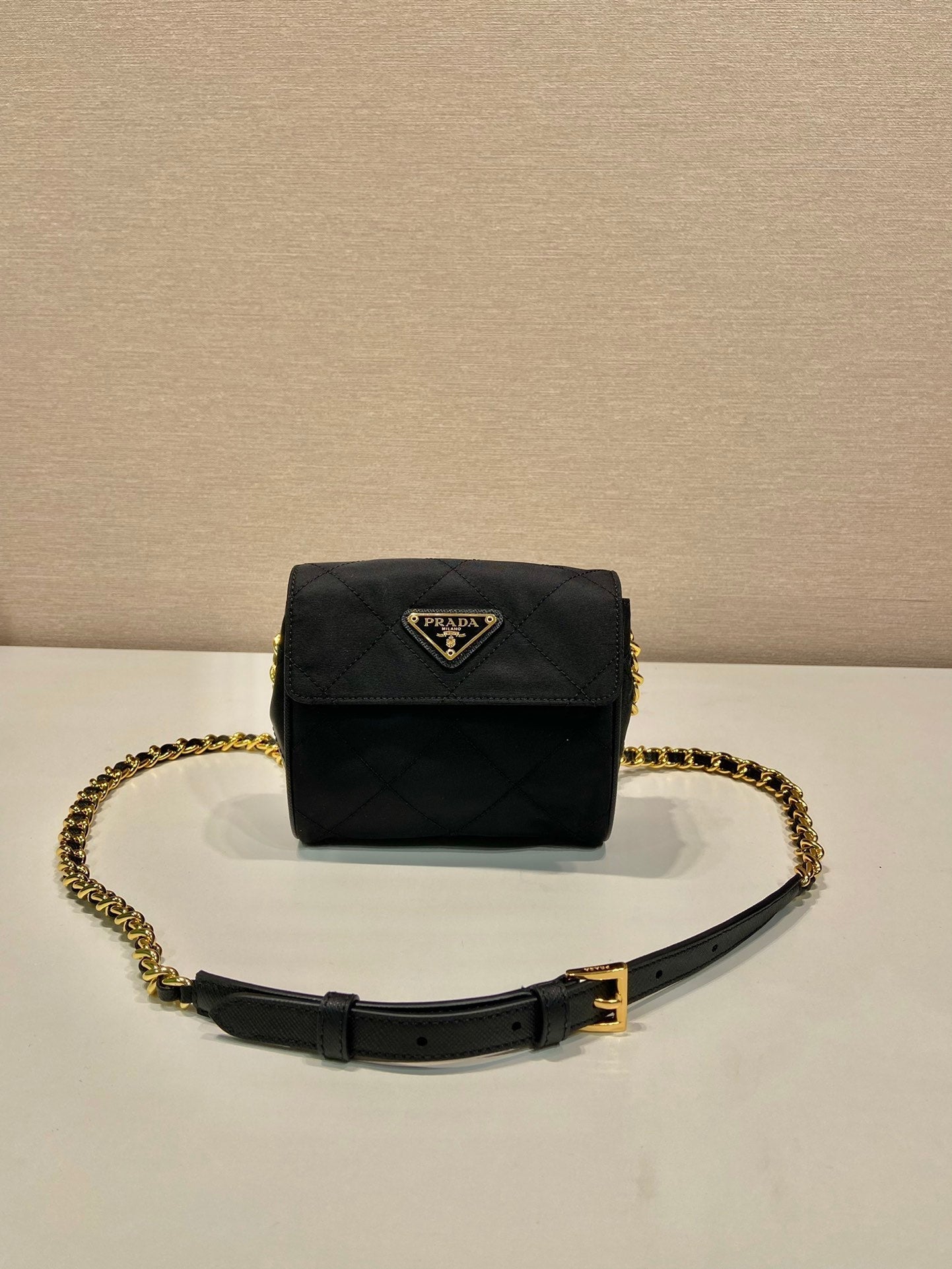 MINI QUILTED FLAP BAG 14 IN BLACK RE-NYLON FABRIC GOLD CHAIN mysite