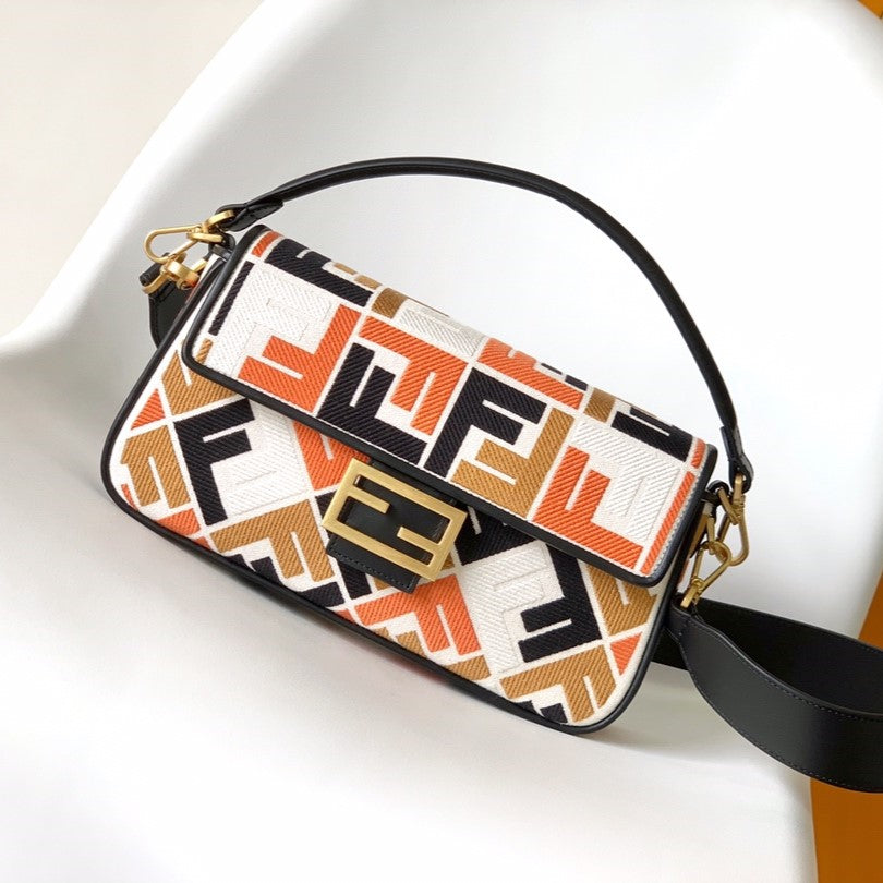 Fend Baguette Black White Brown Orange Canvas Bag 27 with FF Embroidery Ghw mysite