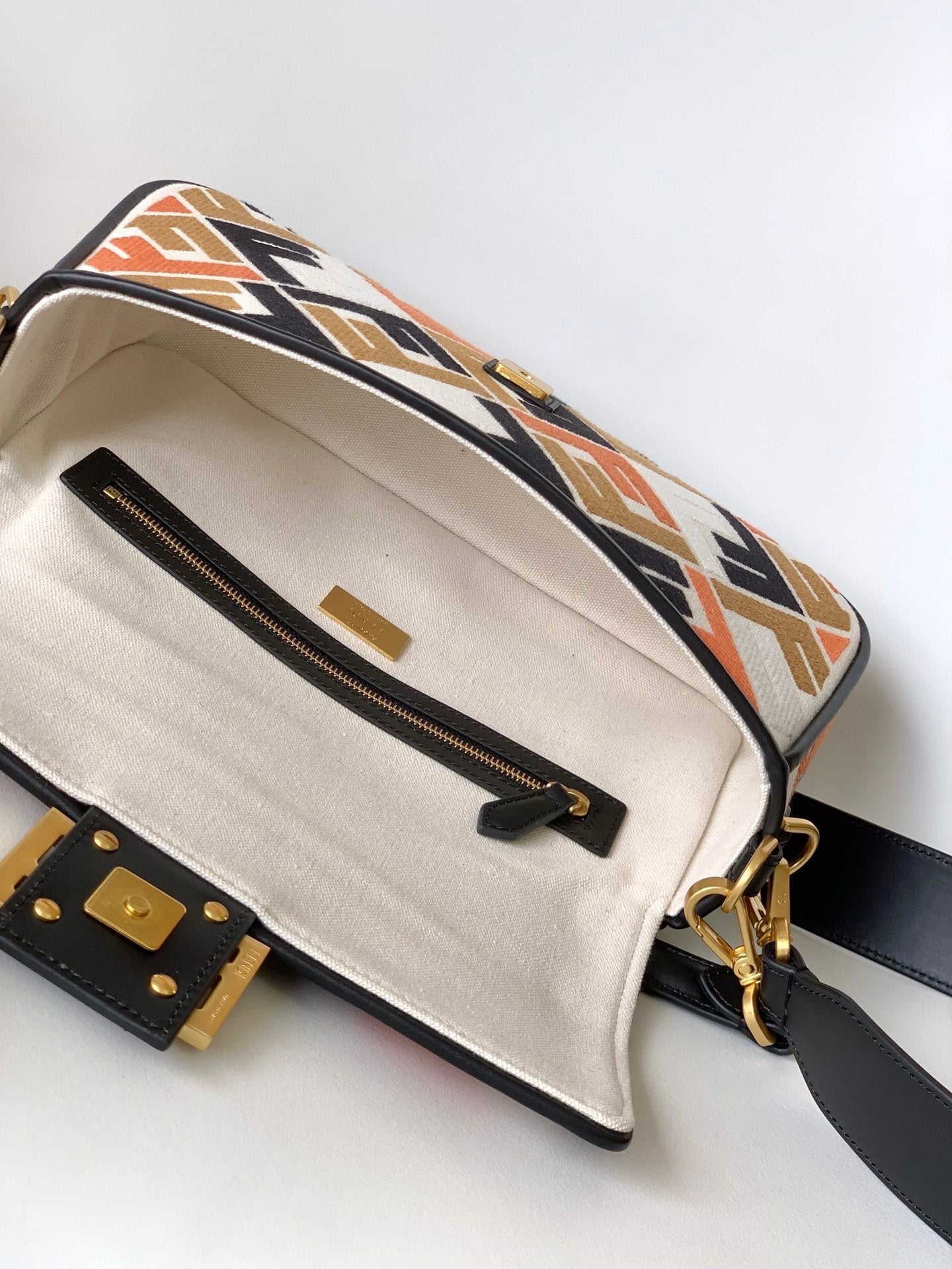 Fend Baguette Black White Brown Orange Canvas Bag 27 with FF Embroidery Ghw mysite